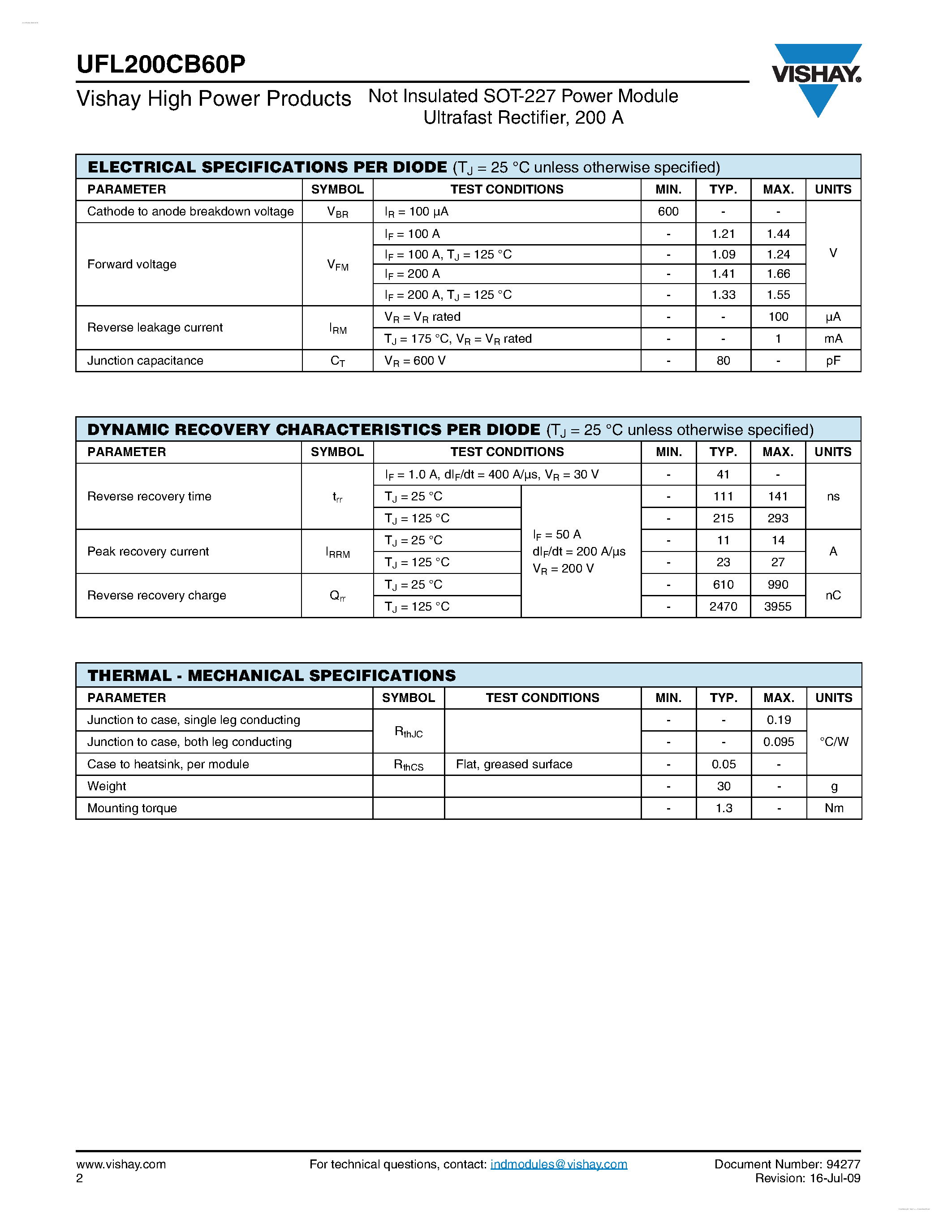 Datasheet UFL200CB60P page 2 Datasheet UFL200CB60P - Power Module Ultrafast Rectifier page 2