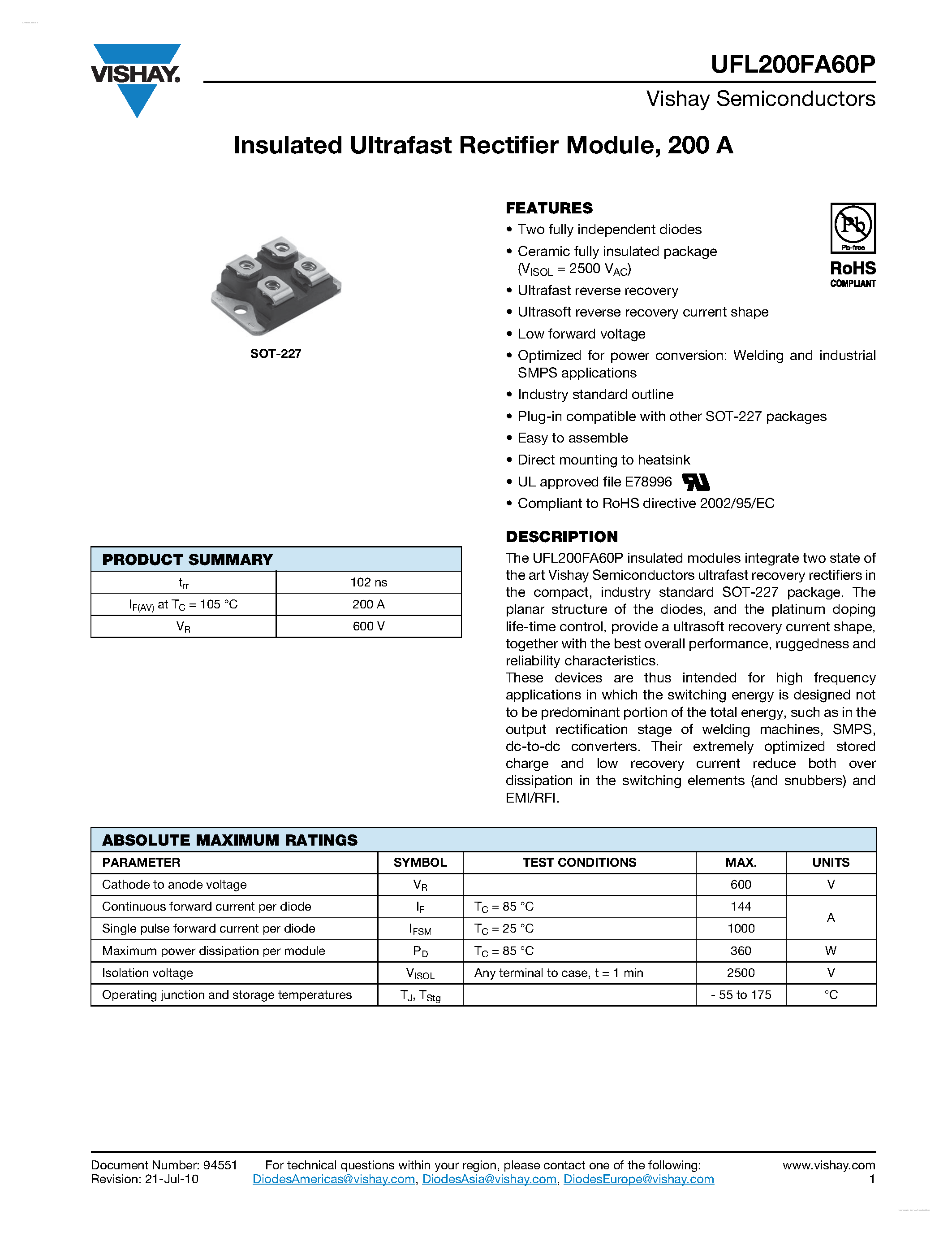 Datasheet UFL200FA60P - Insulated Ultrafast Rectifier Module page 1