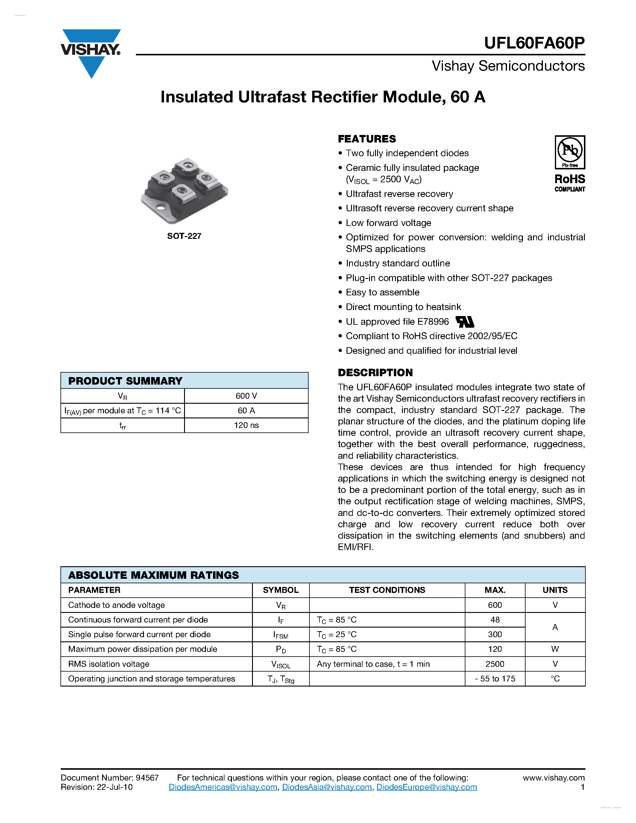 Datasheet UFL60FA60P - Insulated Ultrafast Rectifier Module page 1