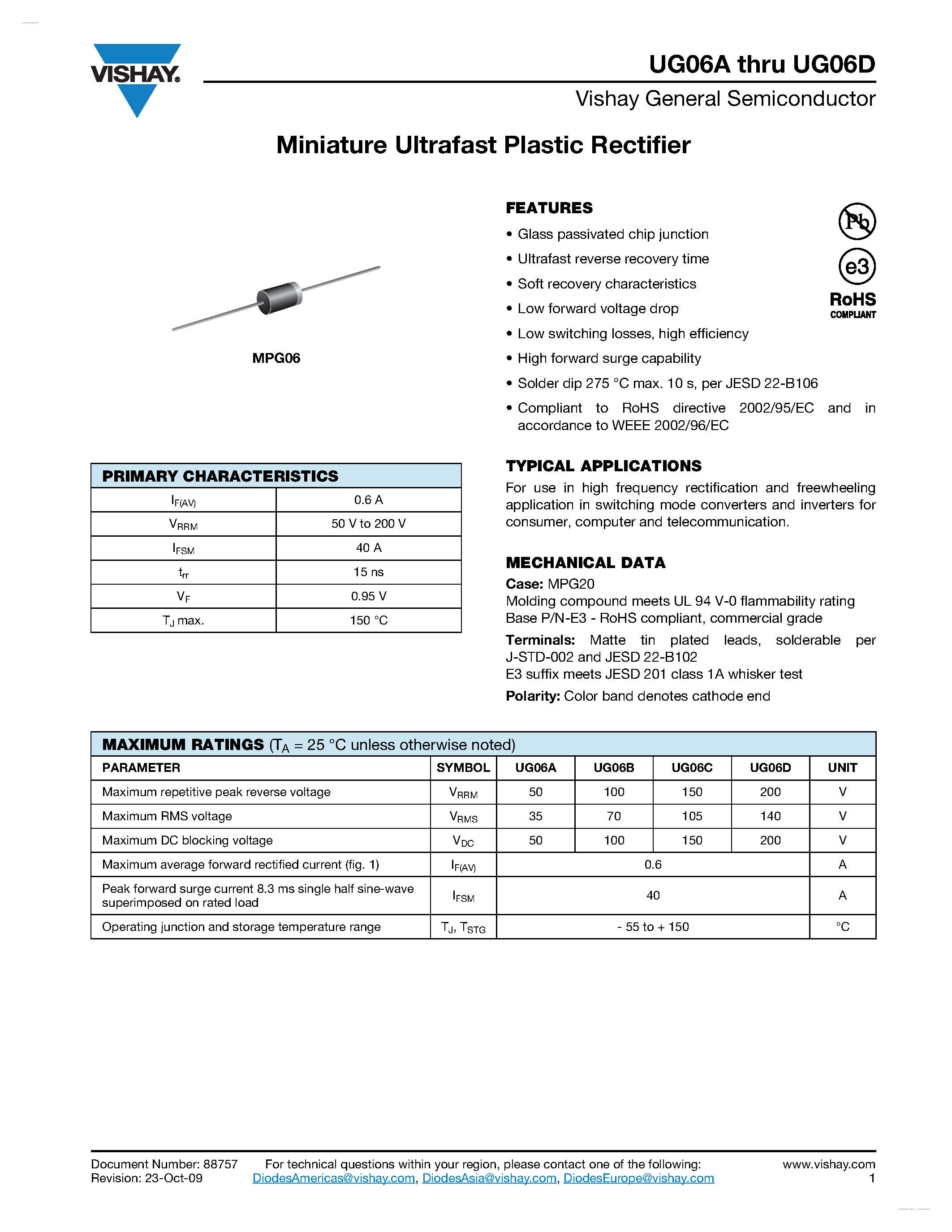 Datasheet UG06A - (UG06A - UG06D) Miniature Ultrafast Plastic Rectifier page 1