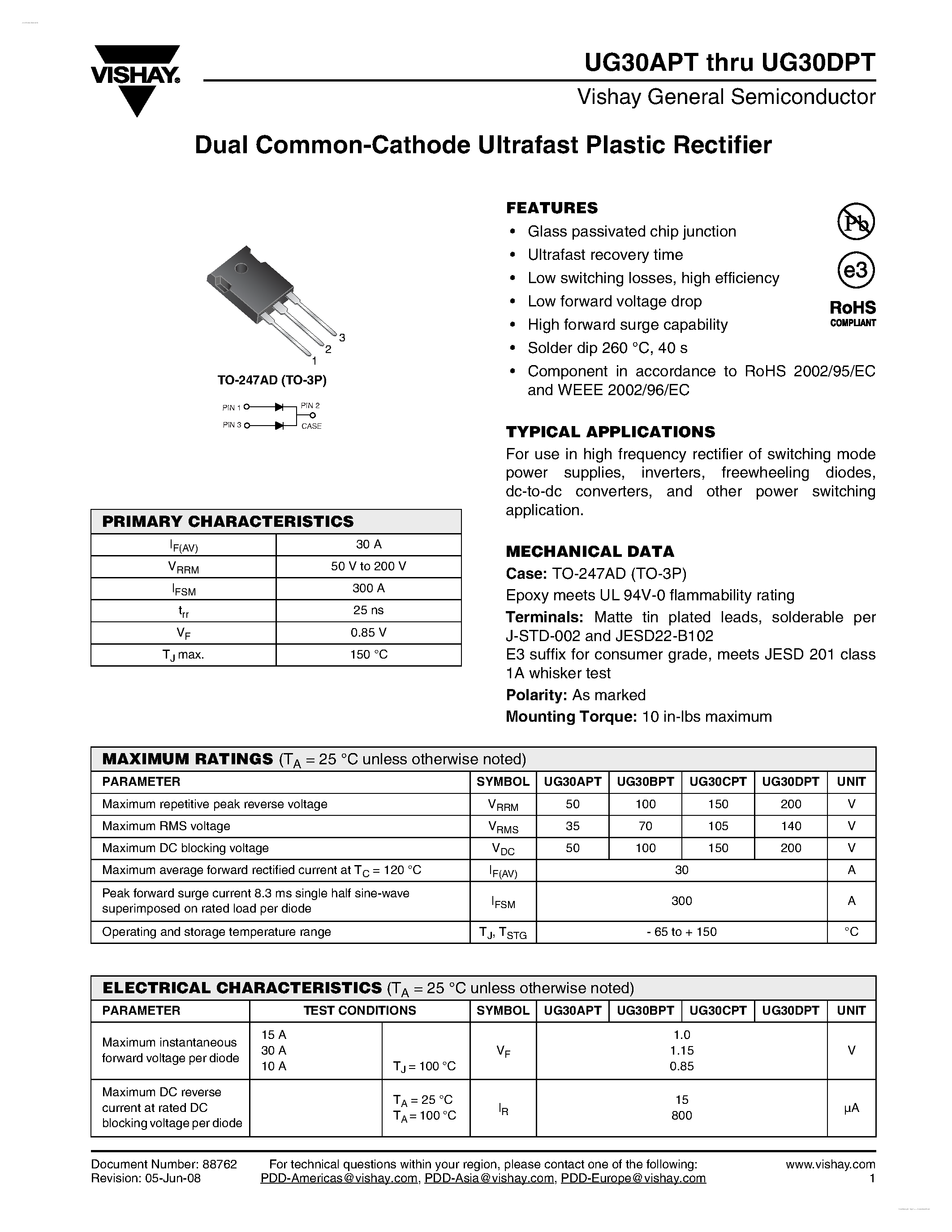Datasheet UG30APT - (UG30APT - UG30DPT) Dual Common-Cathode Ultrafast Plastic Rectifier page 1