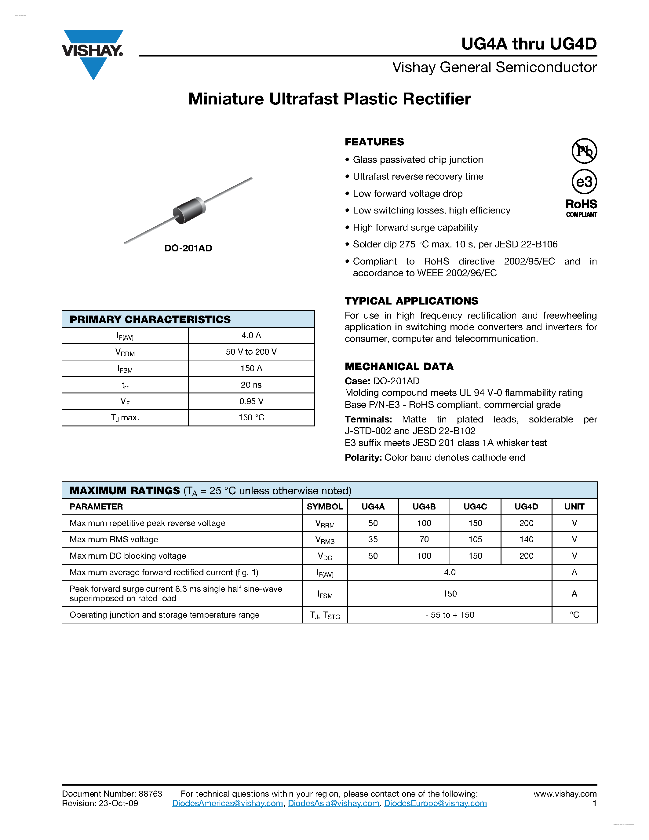 Datasheet UG4A page 1 Datasheet UG4A - (UG4A - UG4D) Miniature Ultrafast Plastic Rectifier page 1
