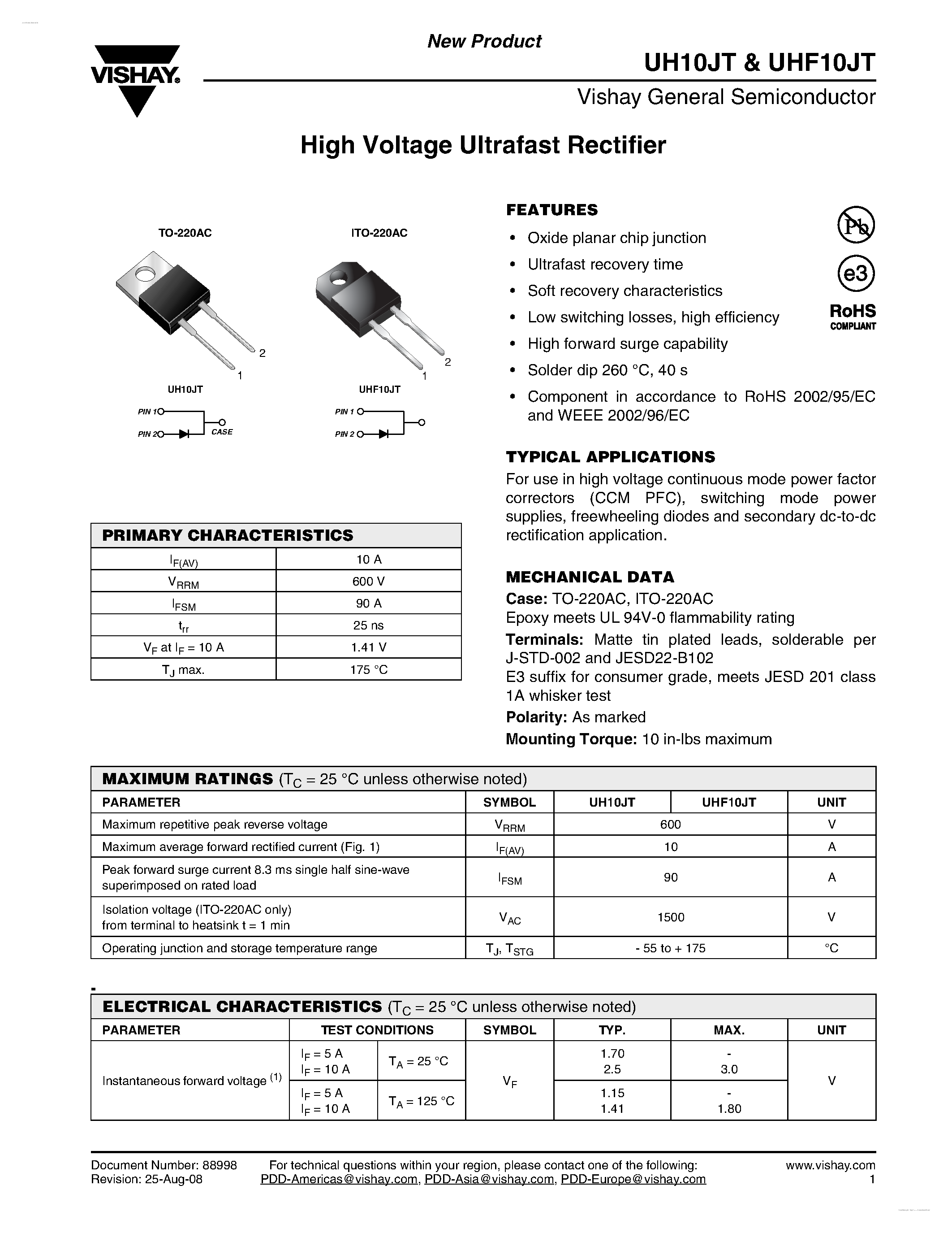 Datasheet UHF10JT page 1 Datasheet UHF10JT - High Voltage Ultrafast Rectifier page 1