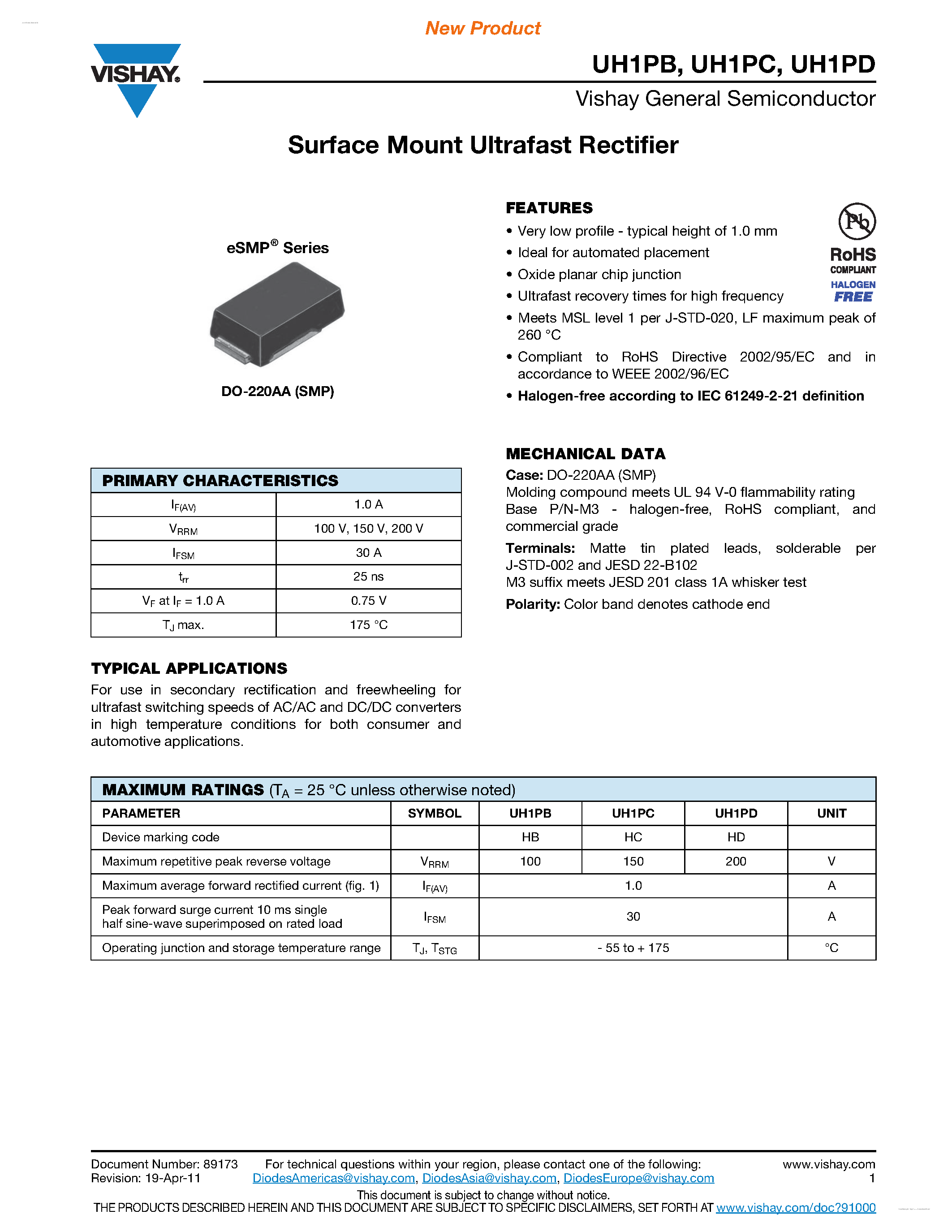Datasheet UH1PB - (UH1PB - UH1PD) Surface Mount Ultrafast Rectifier page 1