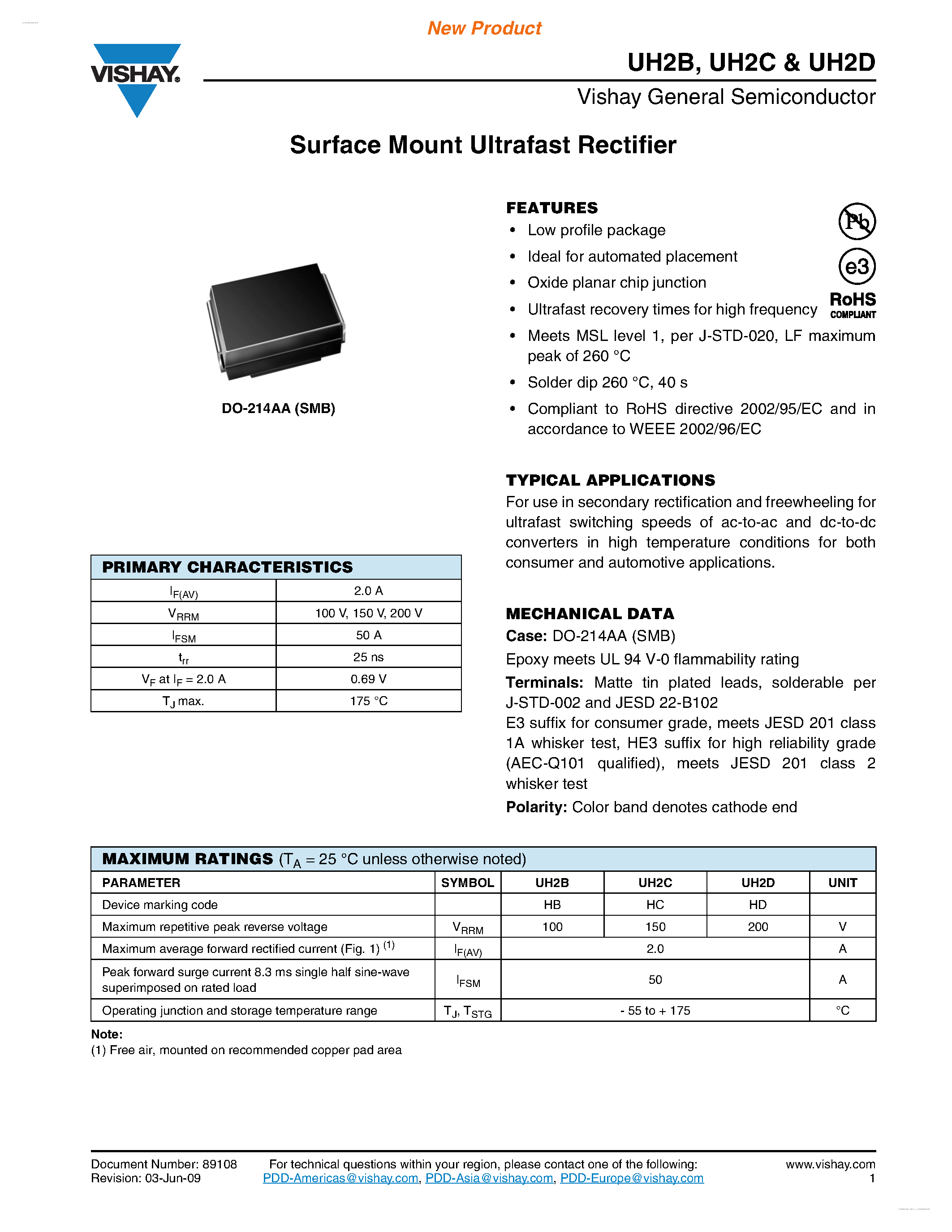 Datasheet UH2B page 1 Datasheet UH2B - (UH2B - UH2D) Surface Mount Ultrafast Rectifier page 1