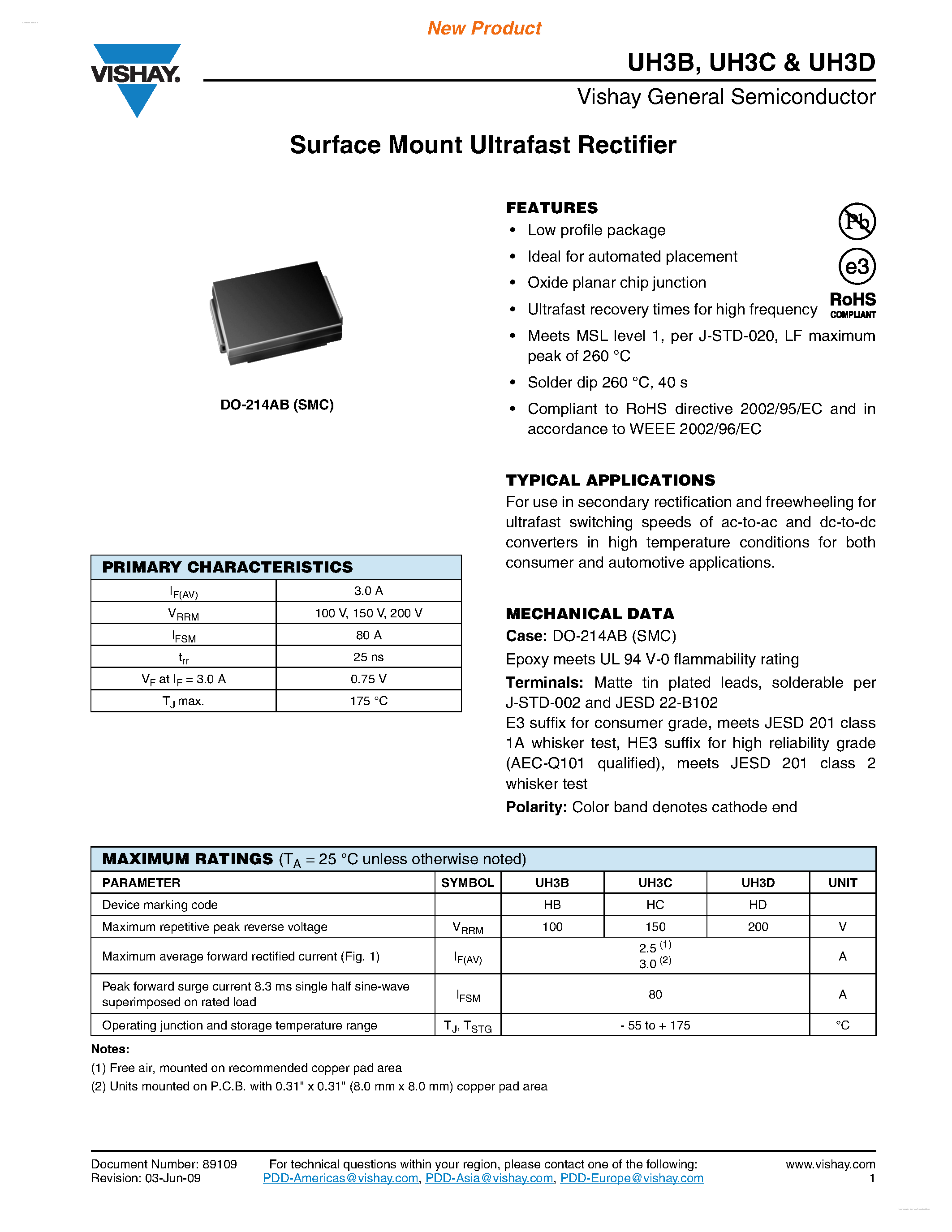 Datasheet UH3B page 1 Datasheet UH3B - (UH3B - UH3D) Surface Mount Ultrafast Rectifier page 1