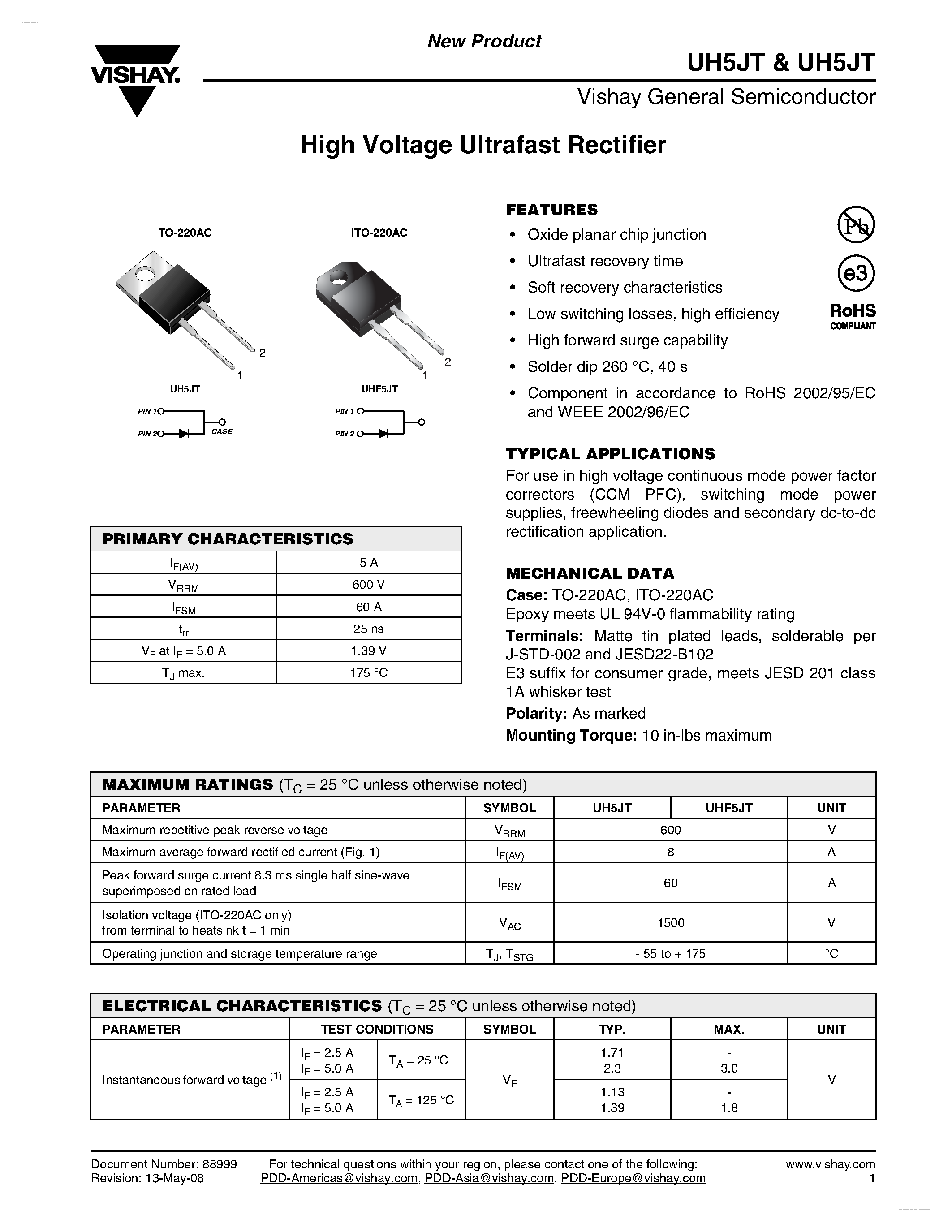 Datasheet UH5JT page 1 Datasheet UH5JT - High Voltage Ultrafast Rectifier page 1