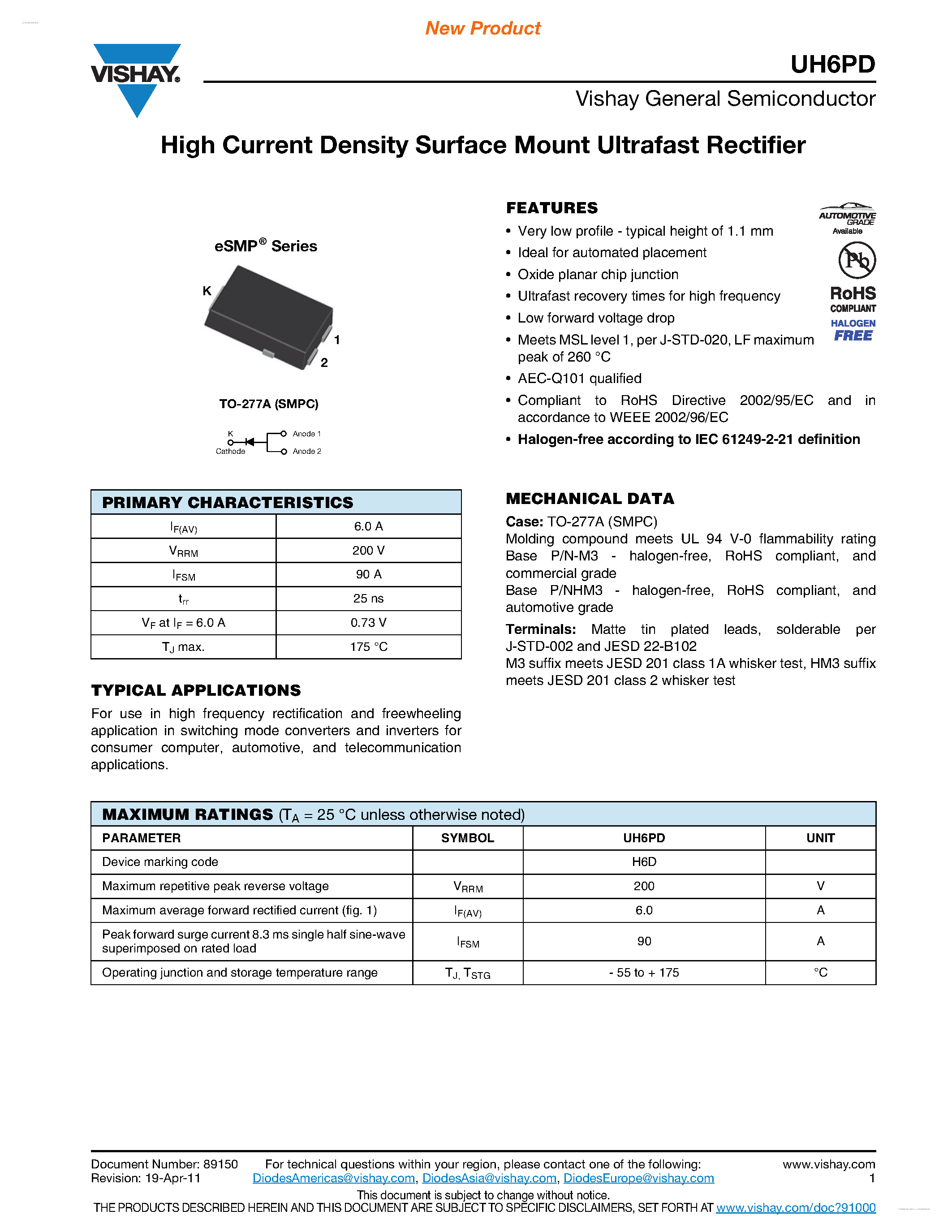 Datasheet UH6PD page 1 Datasheet UH6PD - High Current Density Surface Mount Ultrafast Rectifier page 1
