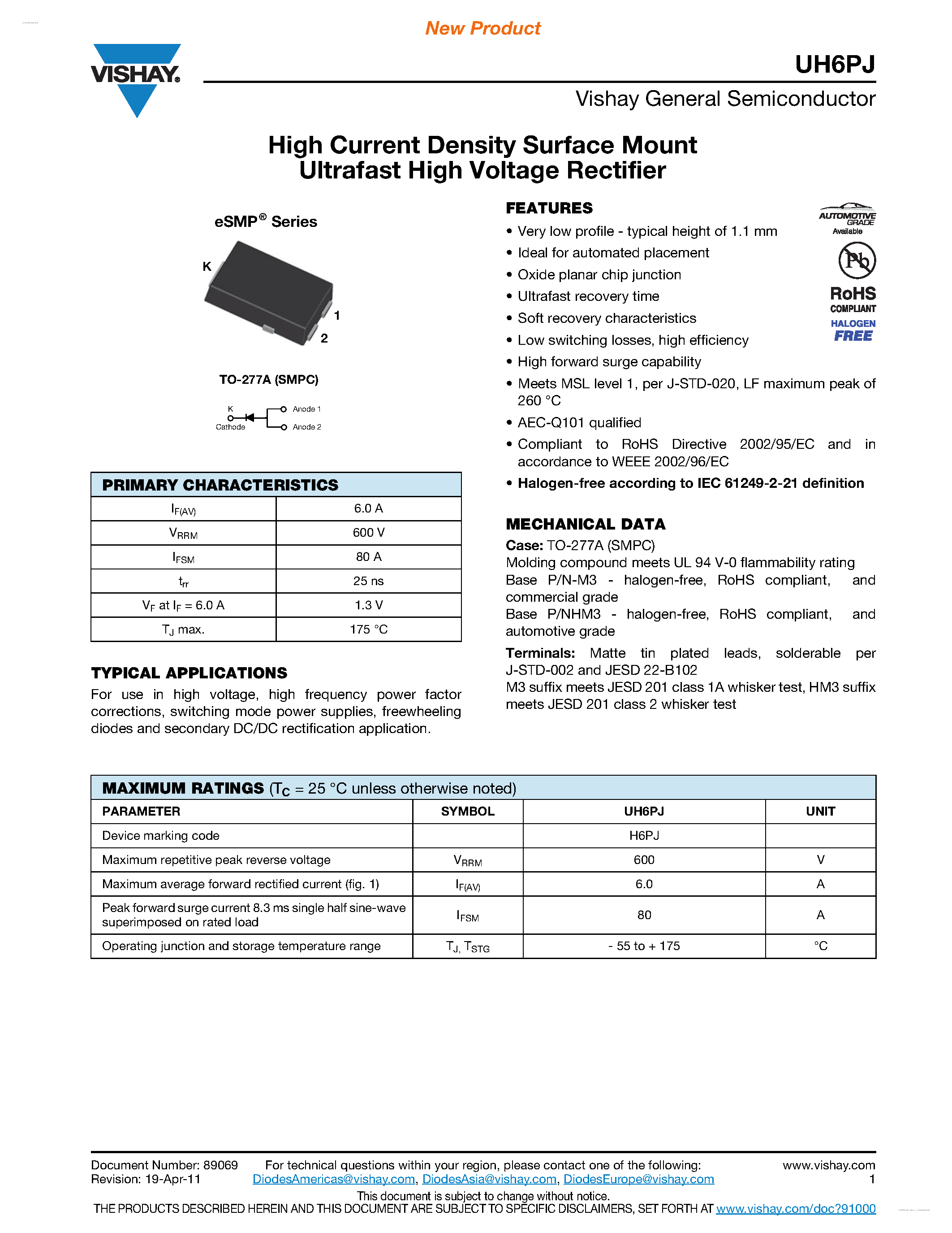 Datasheet UH6PJ - Ultrafast High Voltage Rectifier page 1