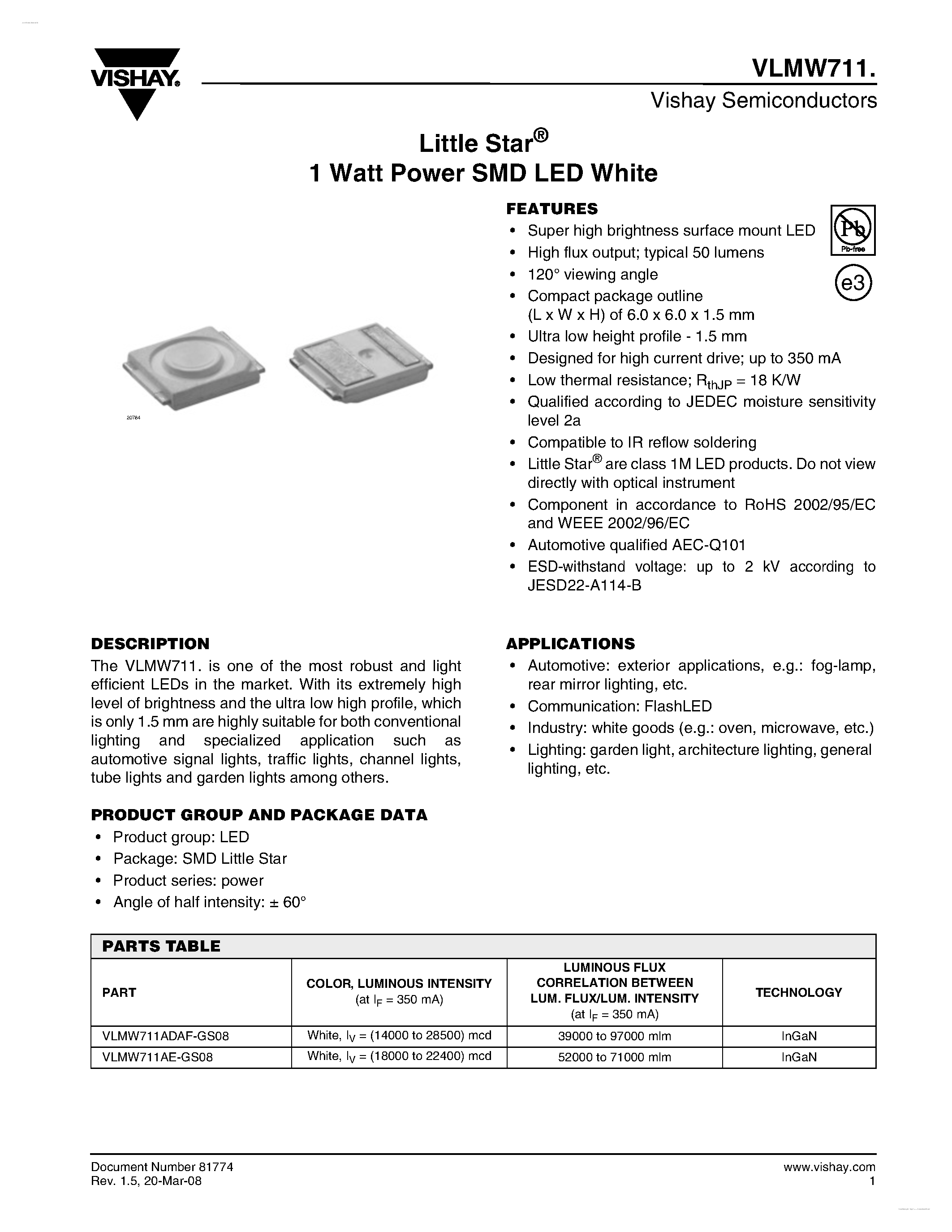 Datasheet VLMW711 - 1 Watt Power SMD LED White page 1