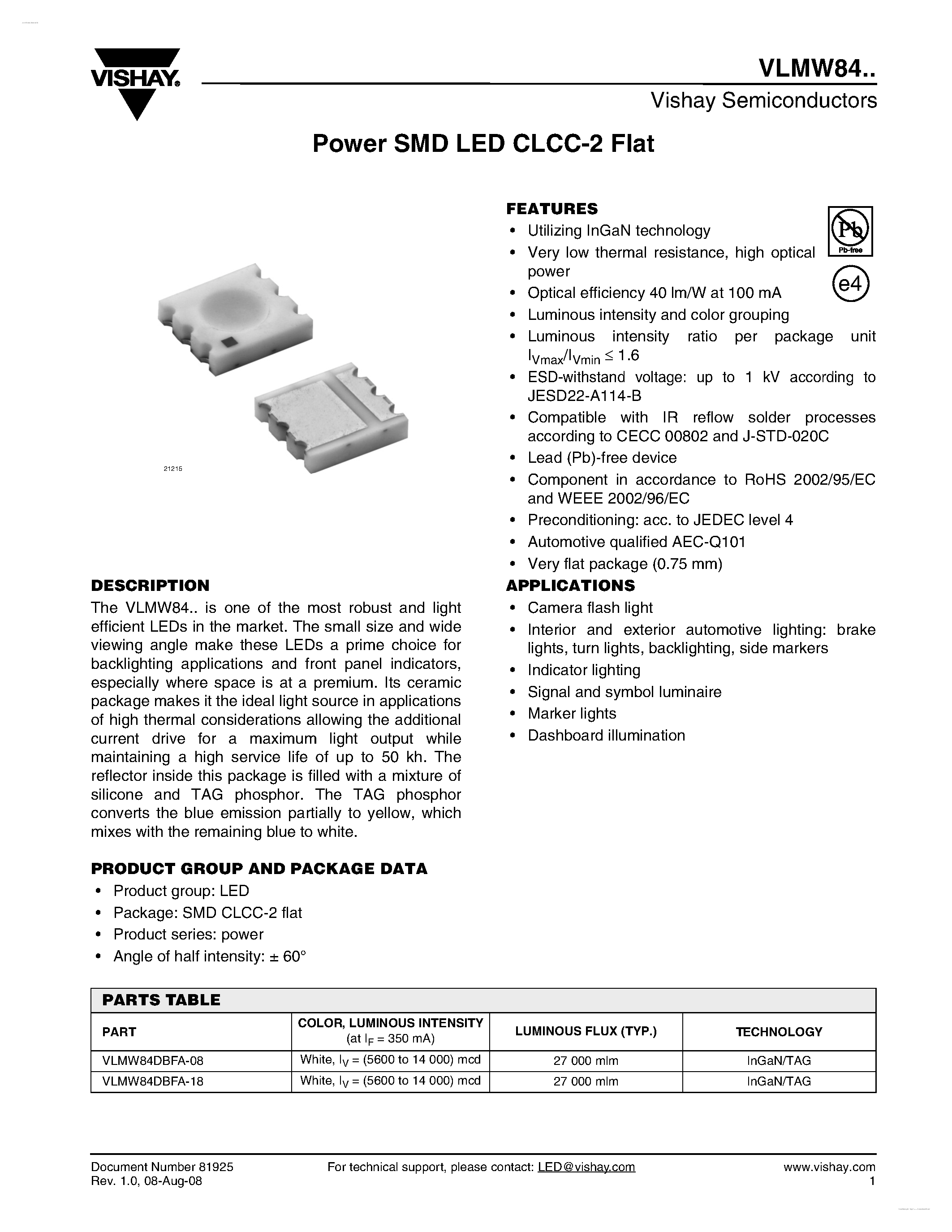 Datasheet VLMW84 - Power SMD LED CLCC-2 Flat page 1