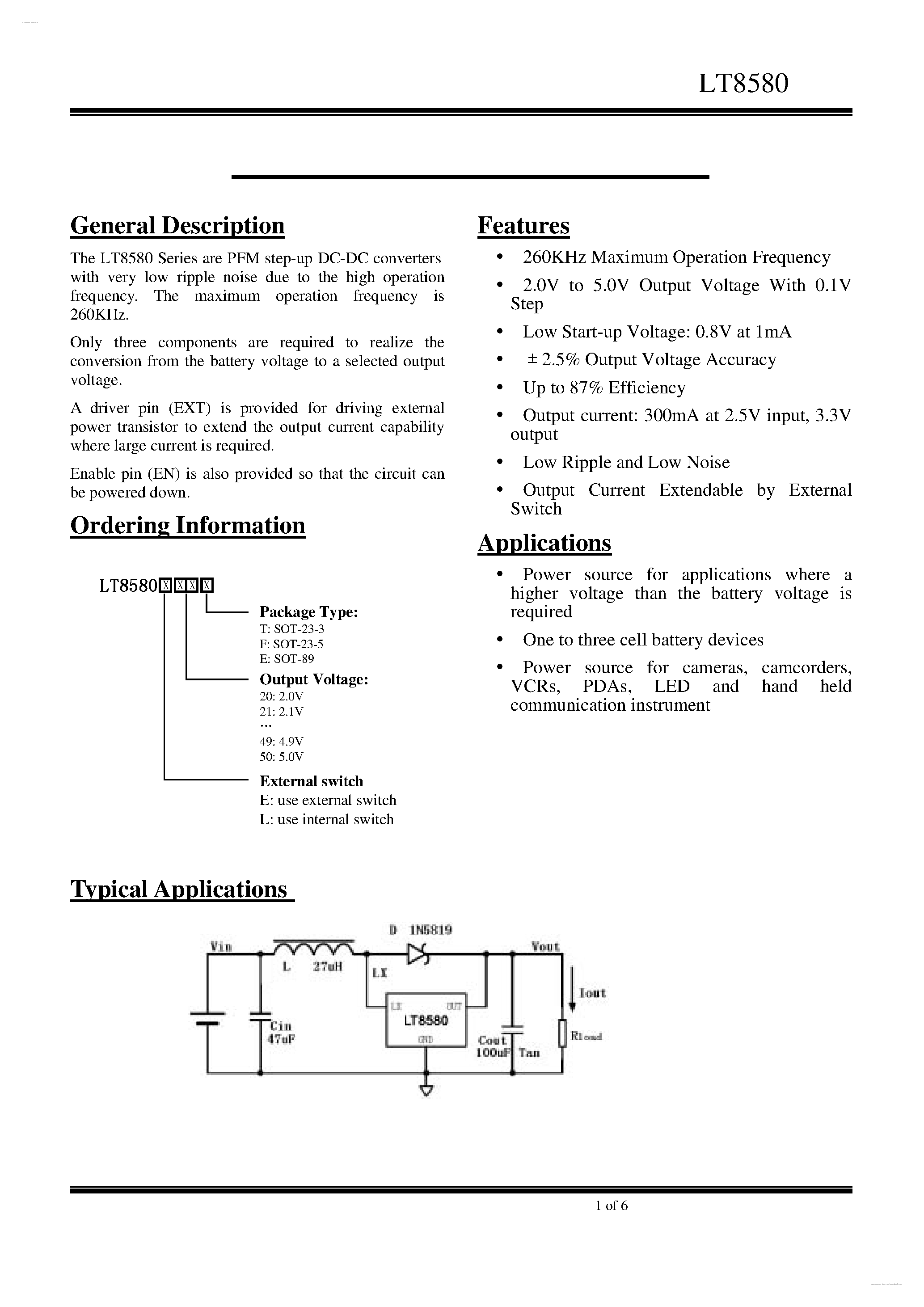 Datasheet LT8580 page 1 Datasheet LT8580 - PFM step-up DC-DC converters page 1