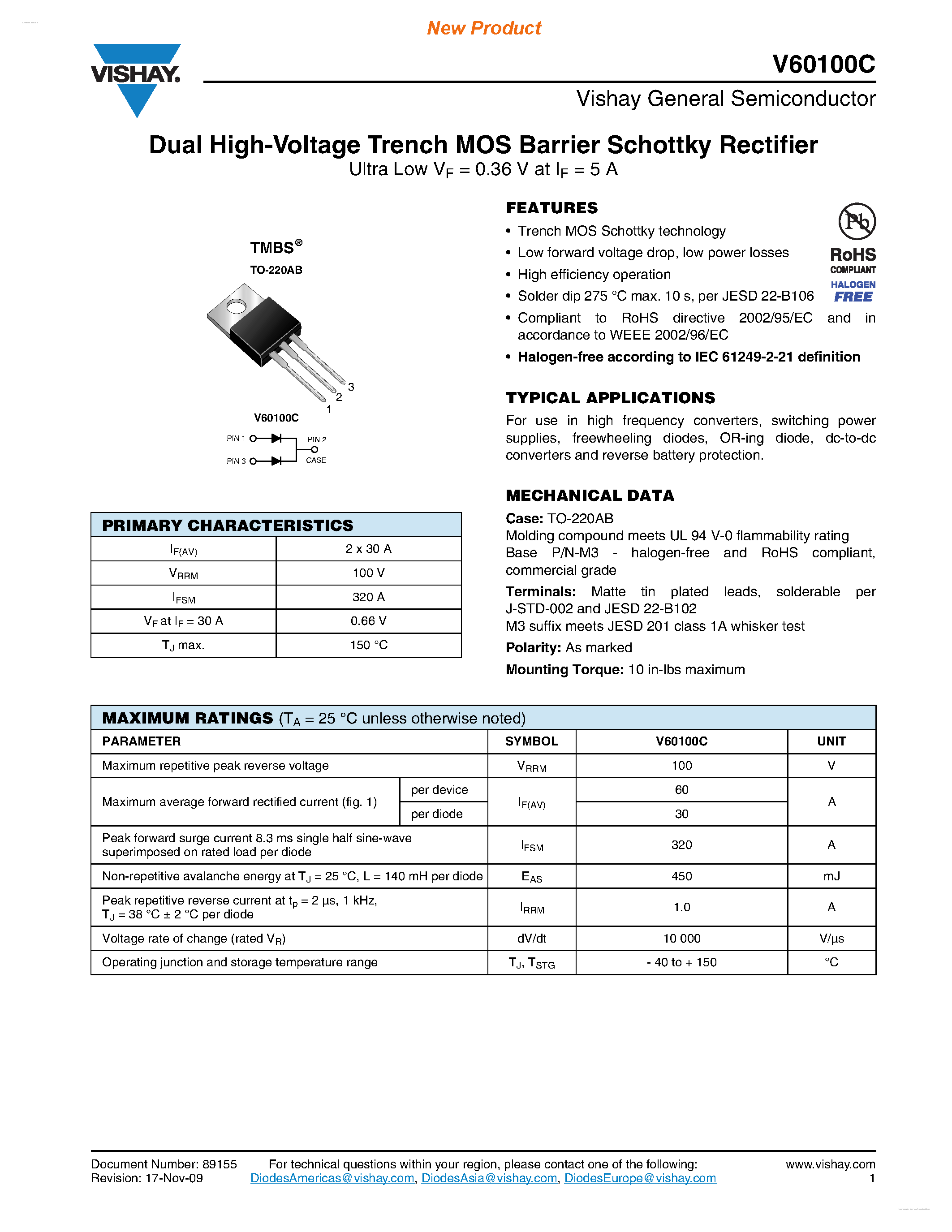 Datasheet V60100C page 1 Datasheet V60100C - Dual High-Voltage Trench MOS Barrier Schottky Rectifier page 1