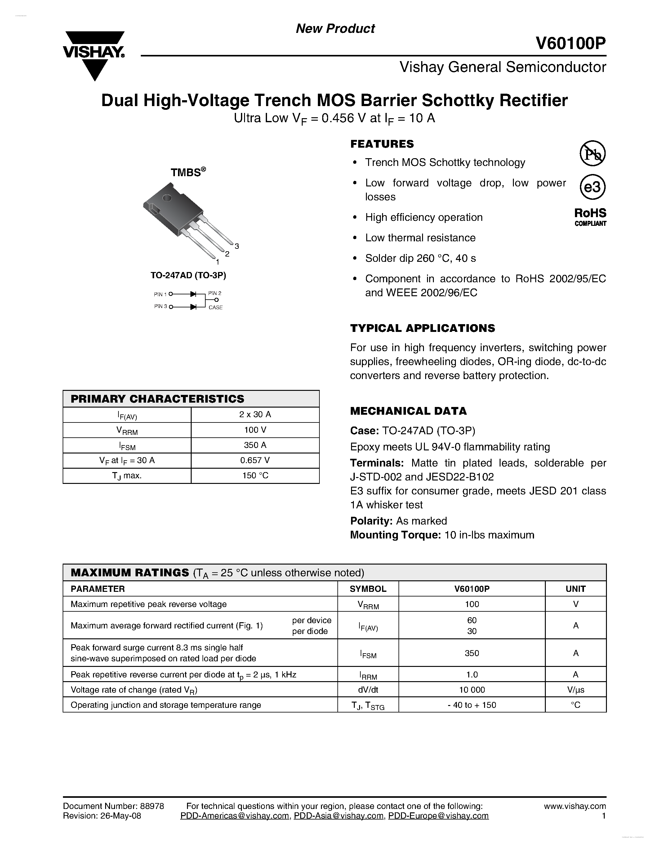 Datasheet V60100P - Dual High-Voltage Trench MOS Barrier Schottky Rectifier page 1