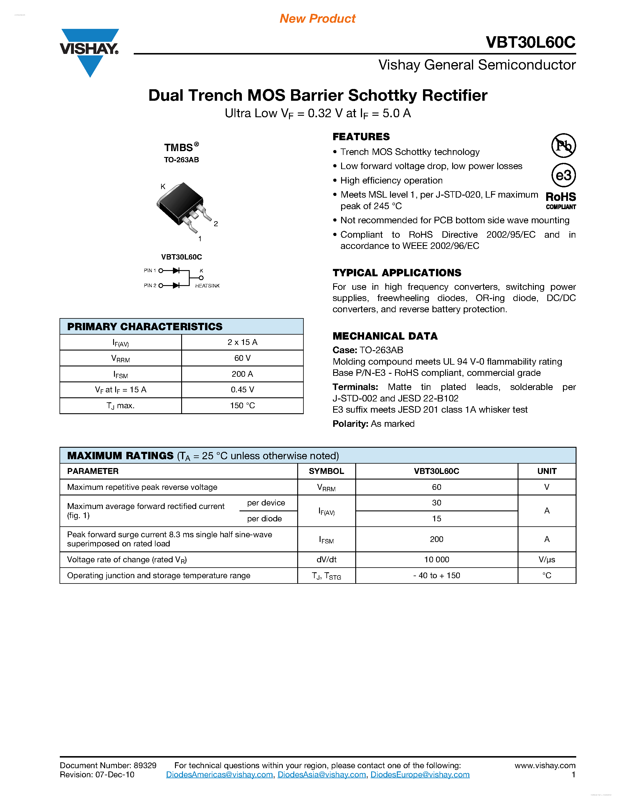 Datasheet VBT30L60C page 1 Datasheet VBT30L60C - Dual Trench MOS Barrier Schottky Rectifier page 1