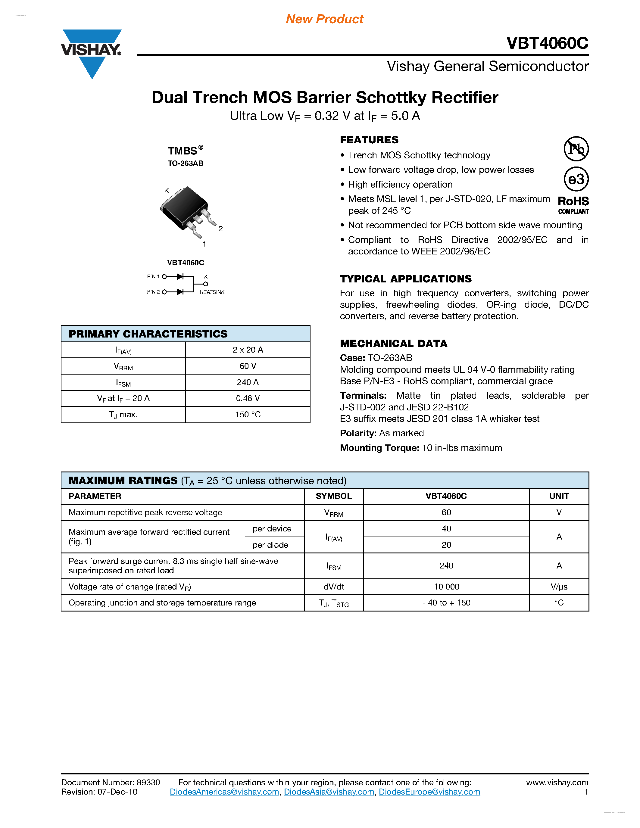 Datasheet VBT4060C - Dual Trench MOS Barrier Schottky Rectifier page 1