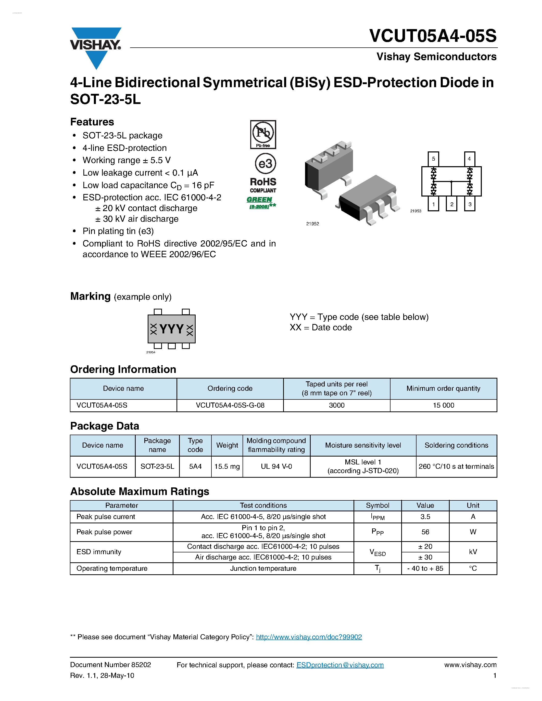 Даташит VCUT05A4-05S - 4-Line Bidirectional Symmetrical (BiSy) ESD-Protection Diode страница 1