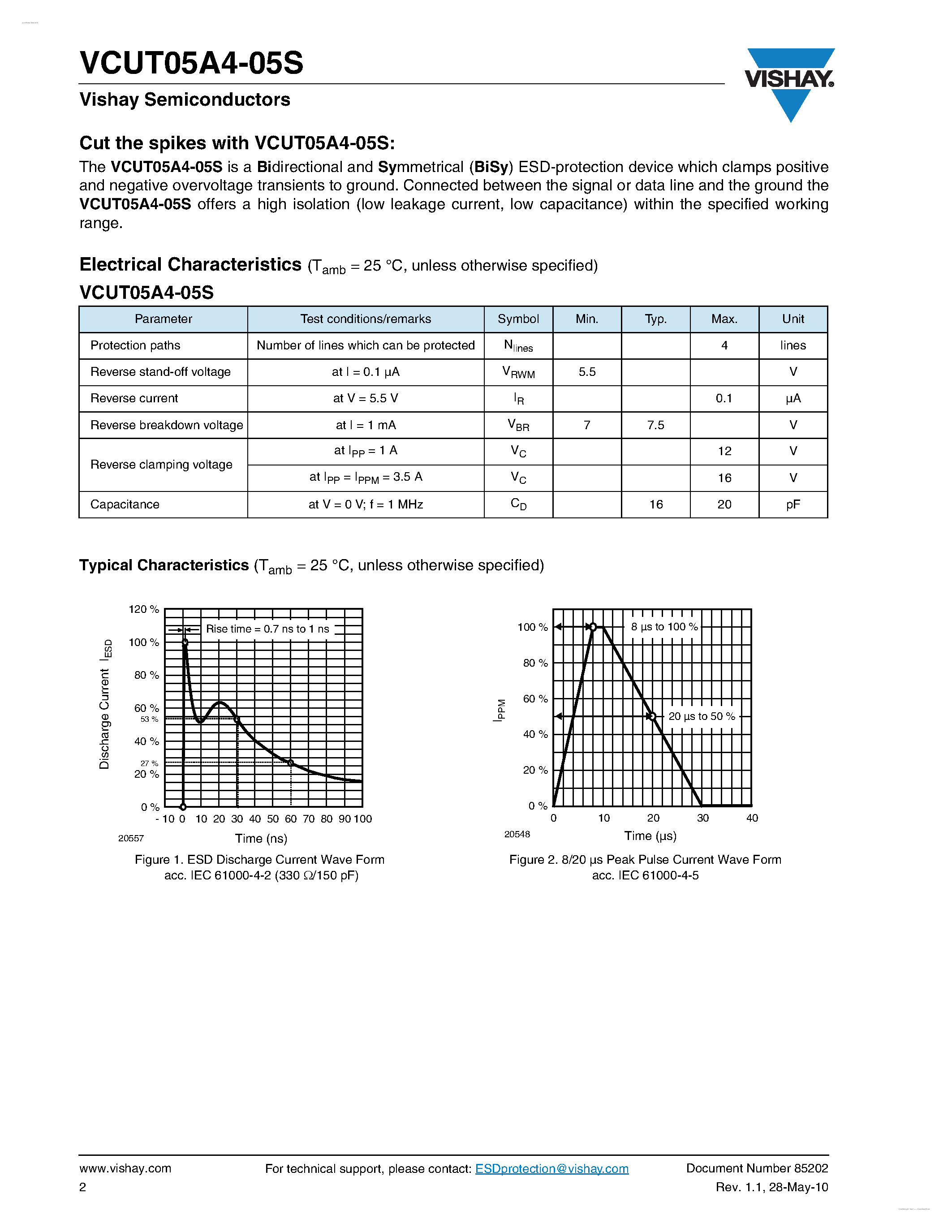 Даташит VCUT05A4-05S - 4-Line Bidirectional Symmetrical (BiSy) ESD-Protection Diode страница 2