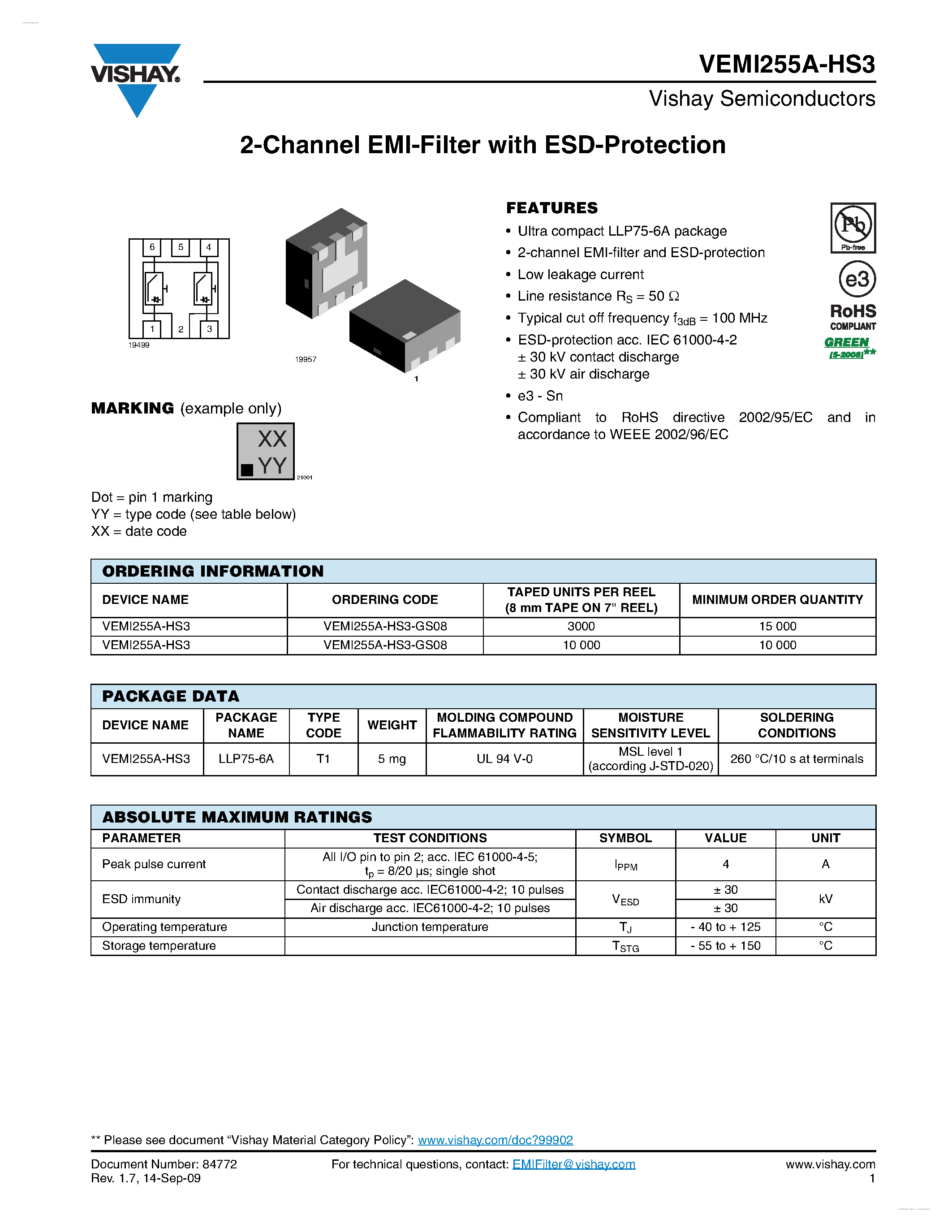 Datasheet VEMI255A-HS3 - 2-Channel EMI-Filter page 1