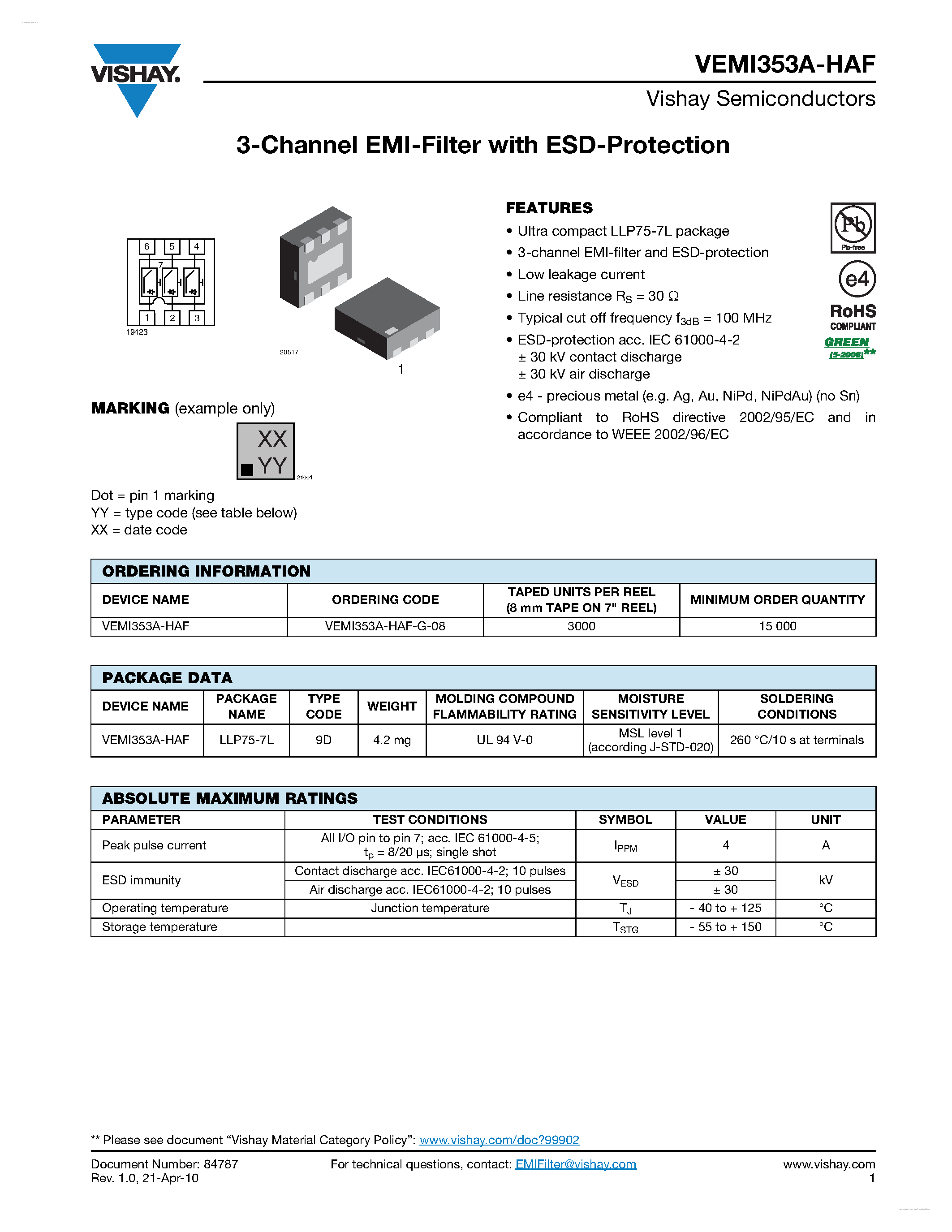 Datasheet VEMI353A-HAF - 3-Channel EMI-Filter page 1