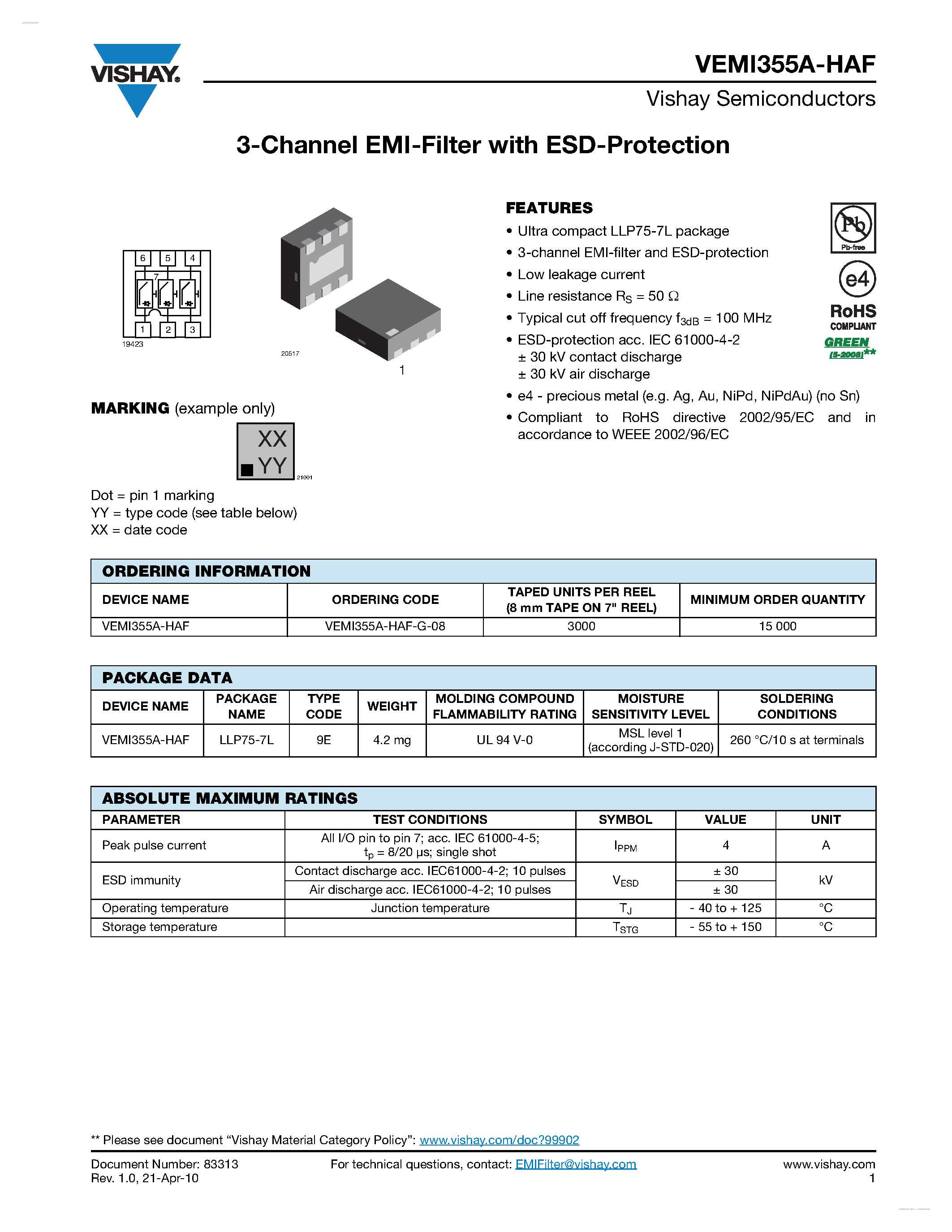 Даташит VEMI355A-HAF - 3-Channel EMI-Filter страница 1