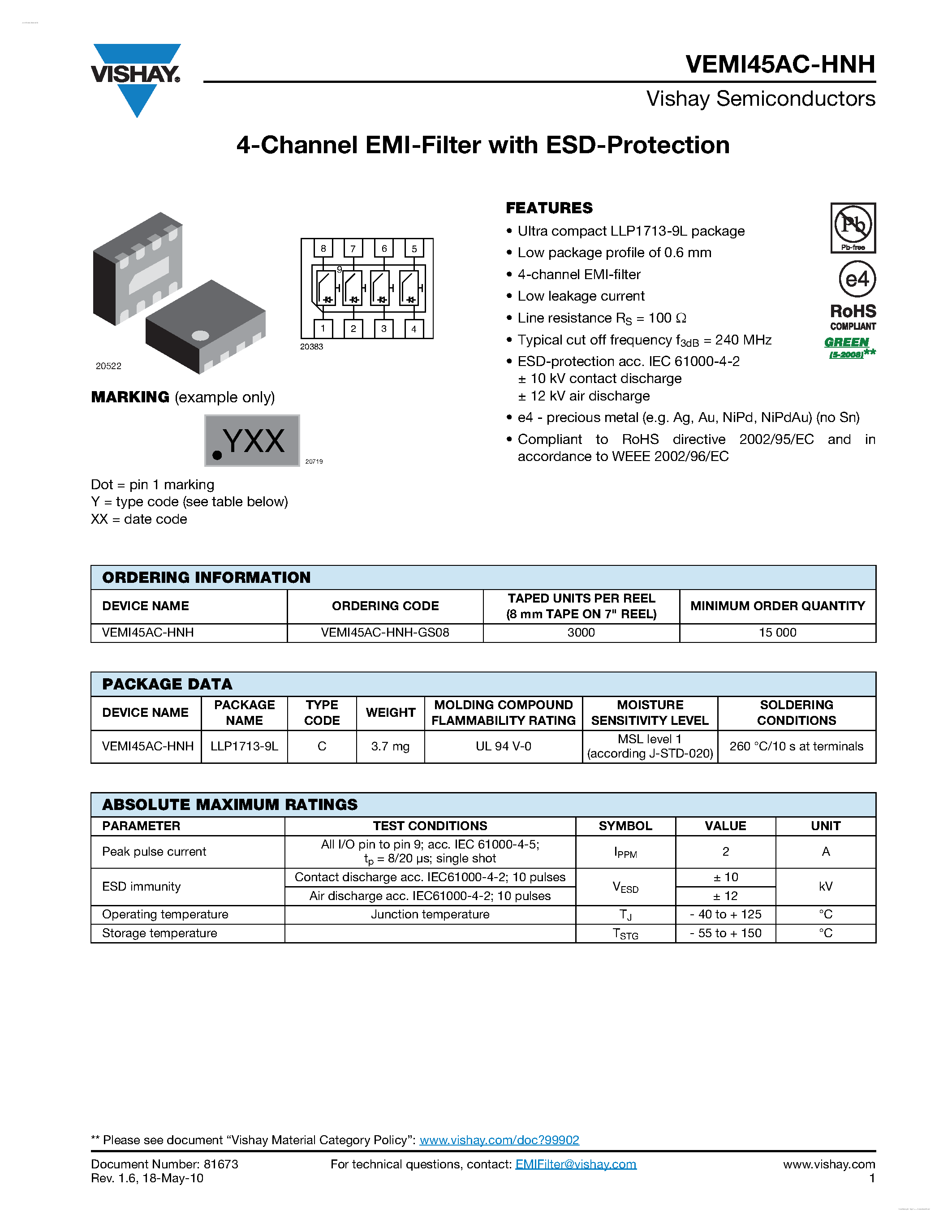 Datasheet VEMI45AC-HNH page 1 Datasheet VEMI45AC-HNH - 4-Channel EMI-Filter page 1