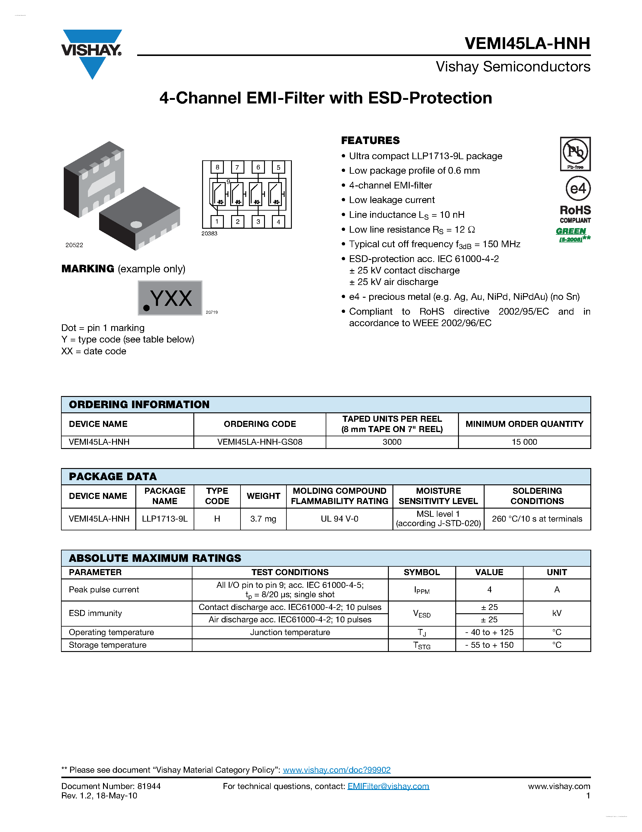 Даташит VEMI45LA-HNH - 4-Channel EMI-Filter страница 1