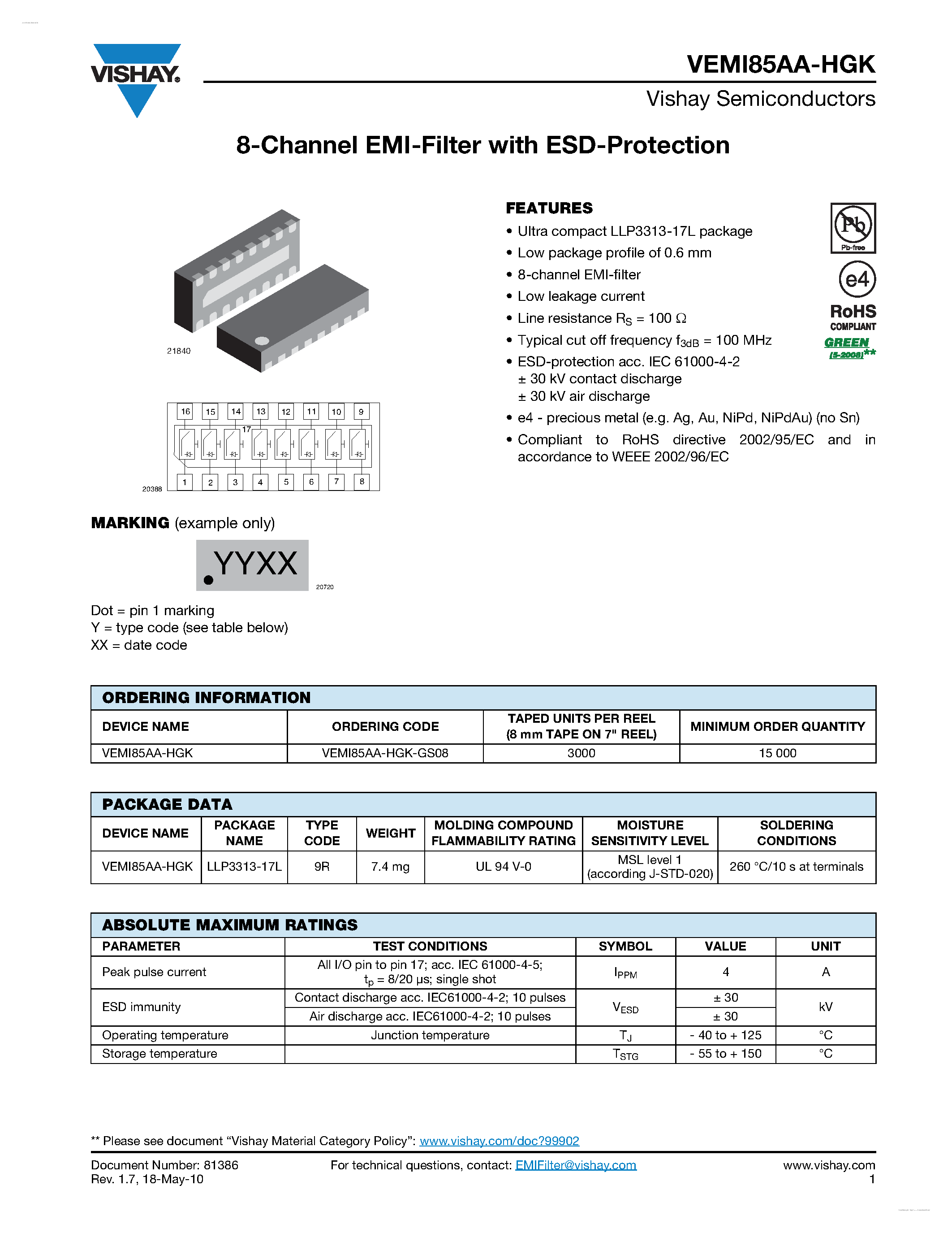 Даташит VEMI85AA-HGK - 8-Channel EMI-Filter страница 1