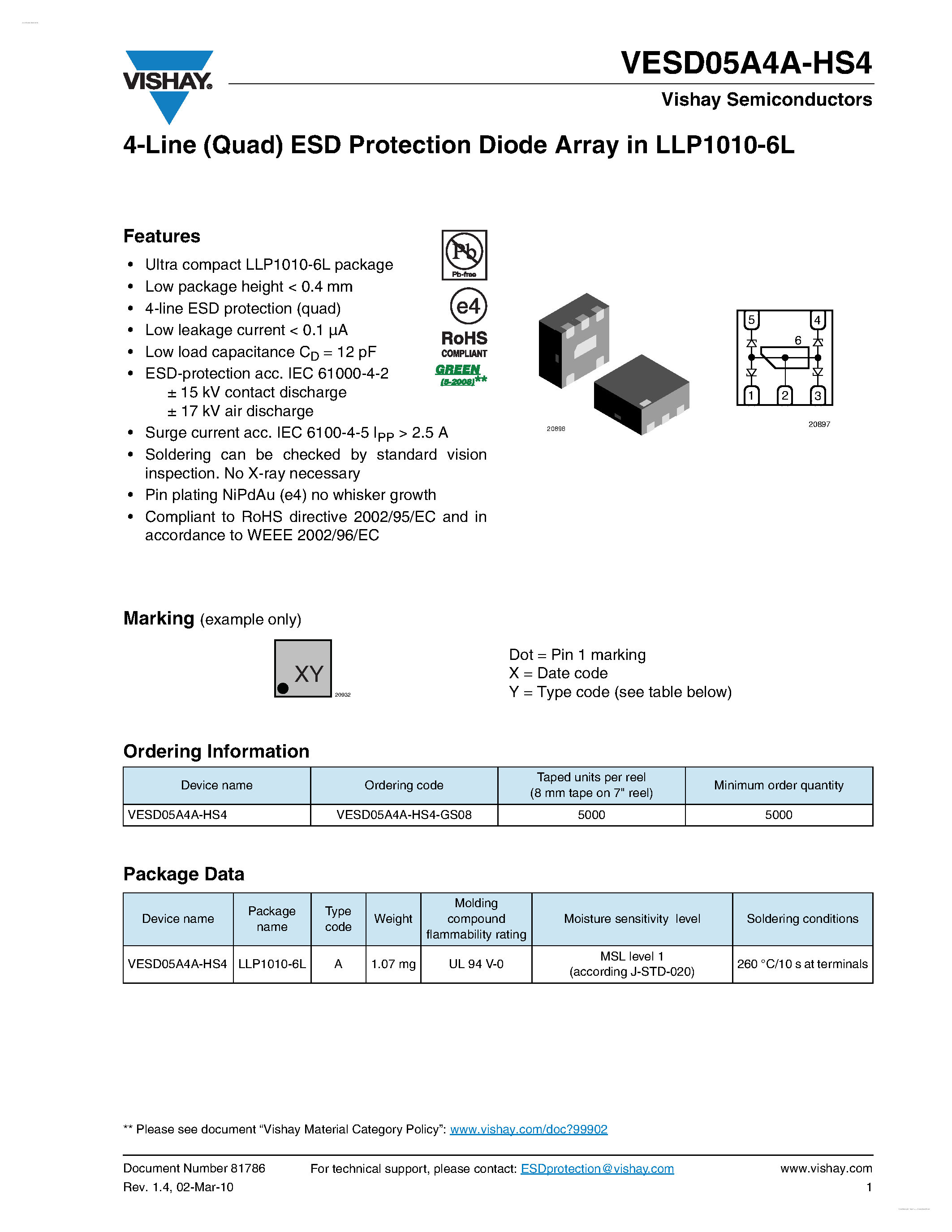 Даташит VESD05A4A-HS4 - 4-Line (Quad) ESD Protection Diode Array страница 1