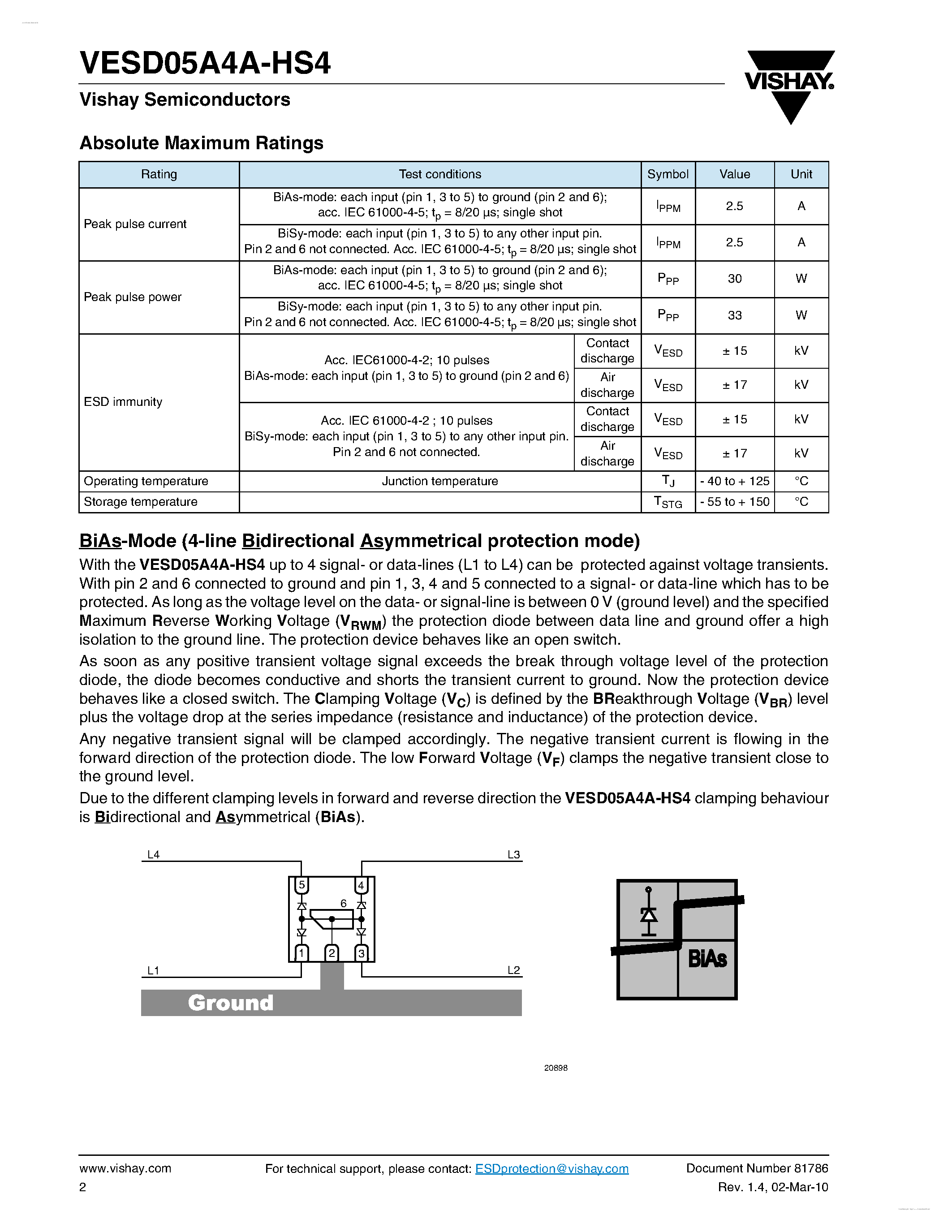 Даташит VESD05A4A-HS4 - 4-Line (Quad) ESD Protection Diode Array страница 2