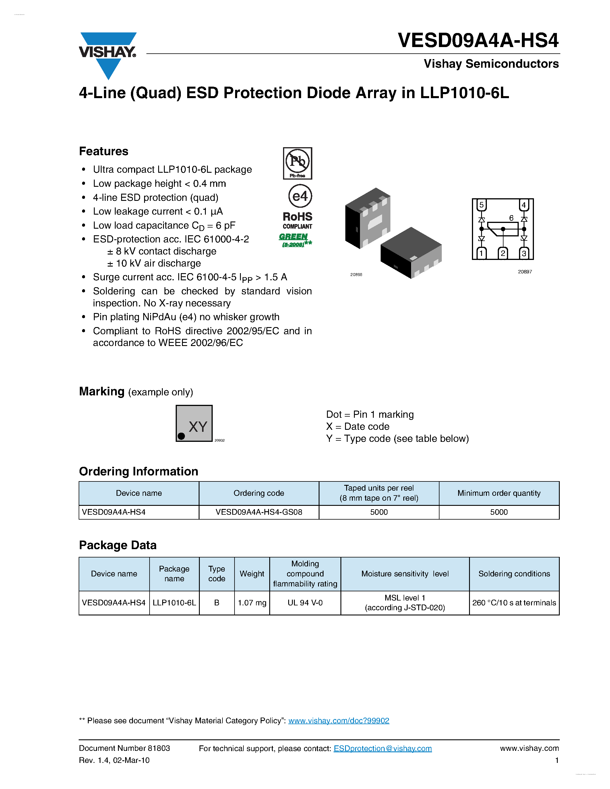 Даташит VESD09A4A-HS4 - 4-Line (Quad) ESD Protection Diode Array страница 1
