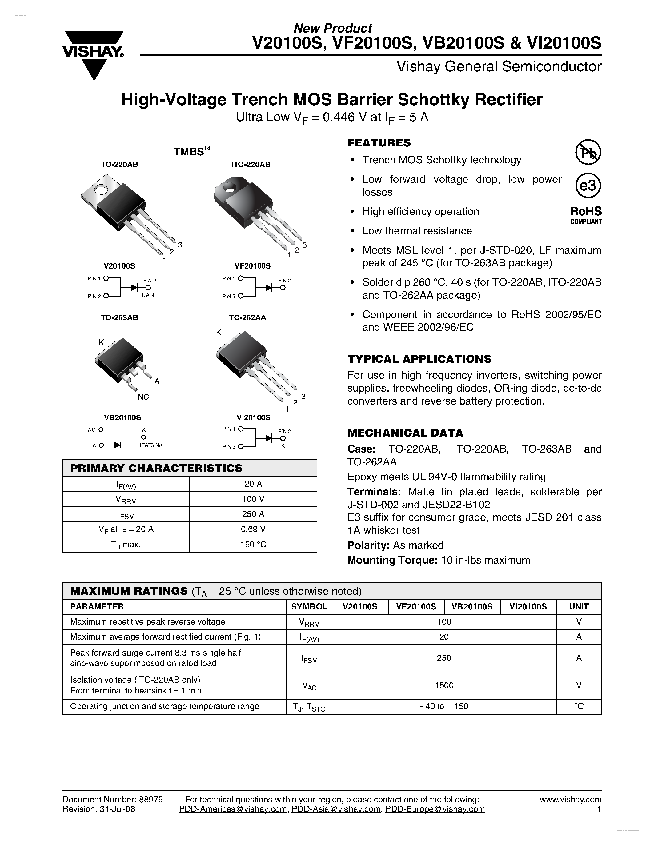 Datasheet VF20100S page 1 Datasheet VF20100S - High-Voltage Trench MOS Barrier Schottky Rectifier page 1