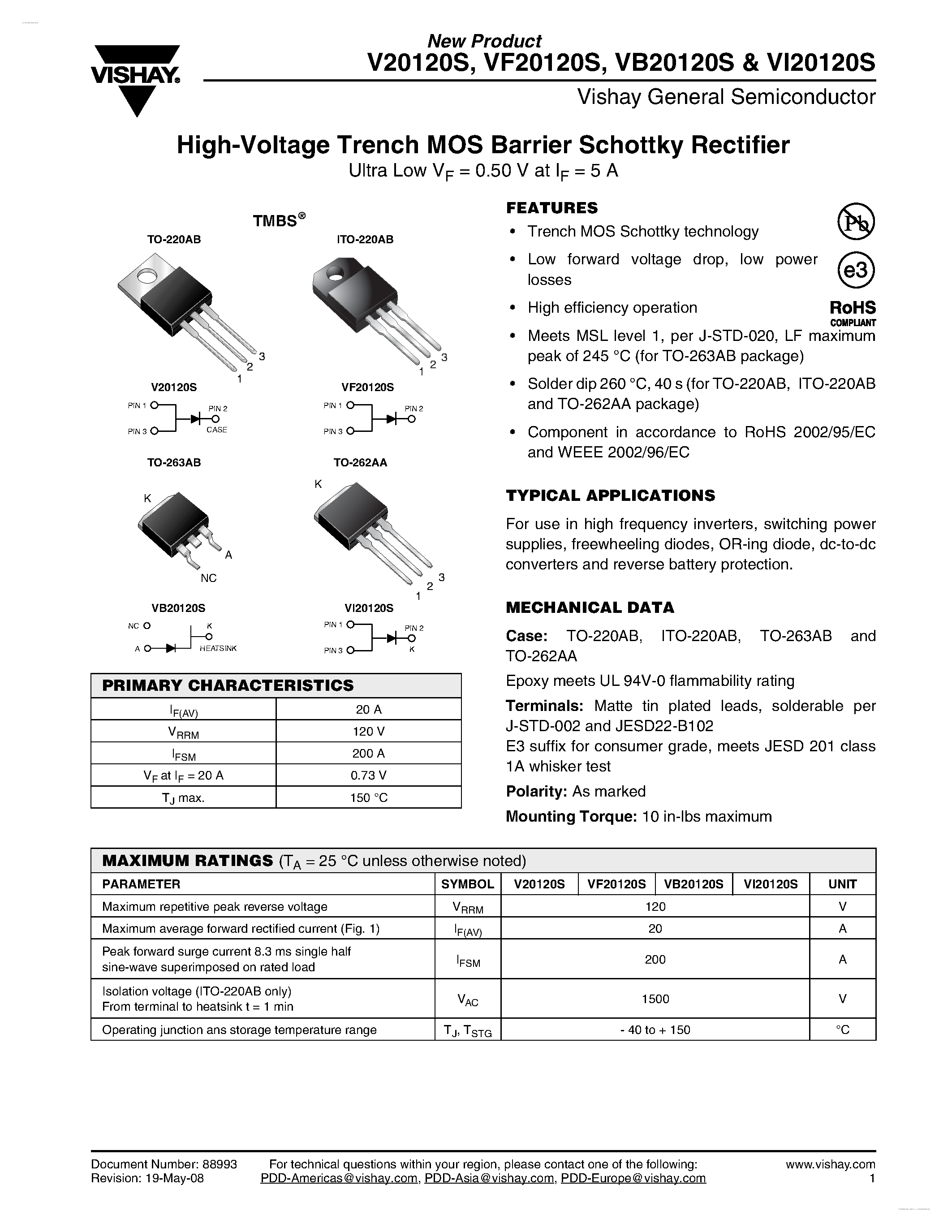 Datasheet VF20120S page 1 Datasheet VF20120S - High-Voltage Trench MOS Barrier Schottky Rectifier page 1