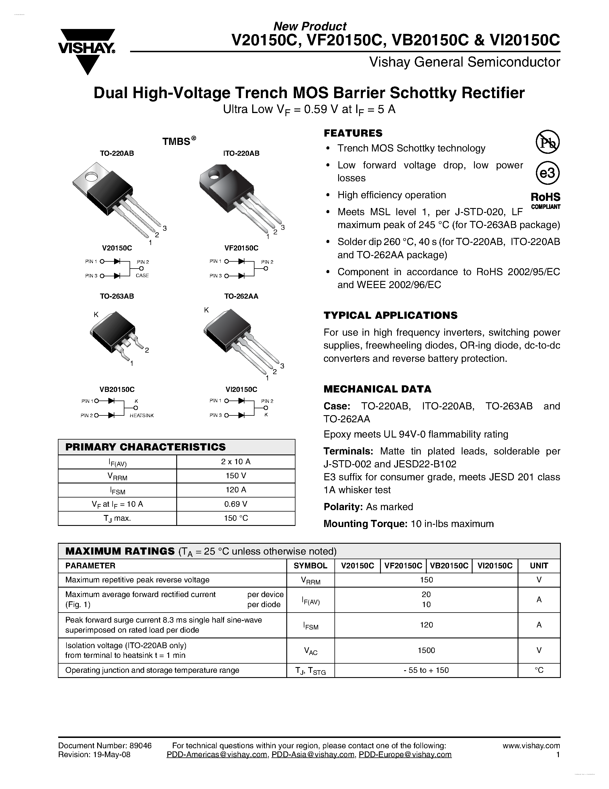 Datasheet VB20150C page 1 Datasheet VB20150C - Dual High-Voltage Trench MOS Barrier Schottky Rectifier page 1
