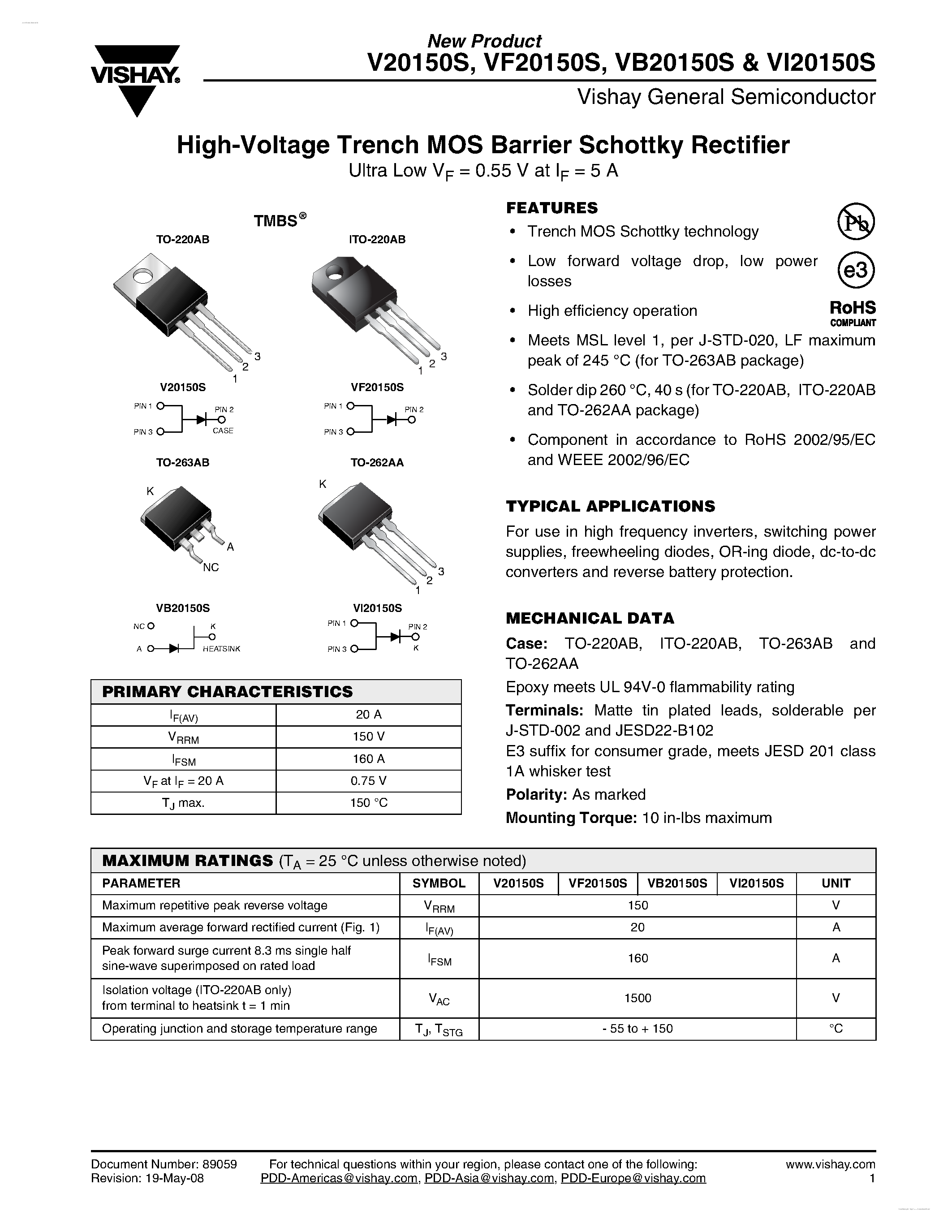 Datasheet V20150S page 1 Datasheet V20150S - High-Voltage Trench MOS Barrier Schottky Rectifier page 1