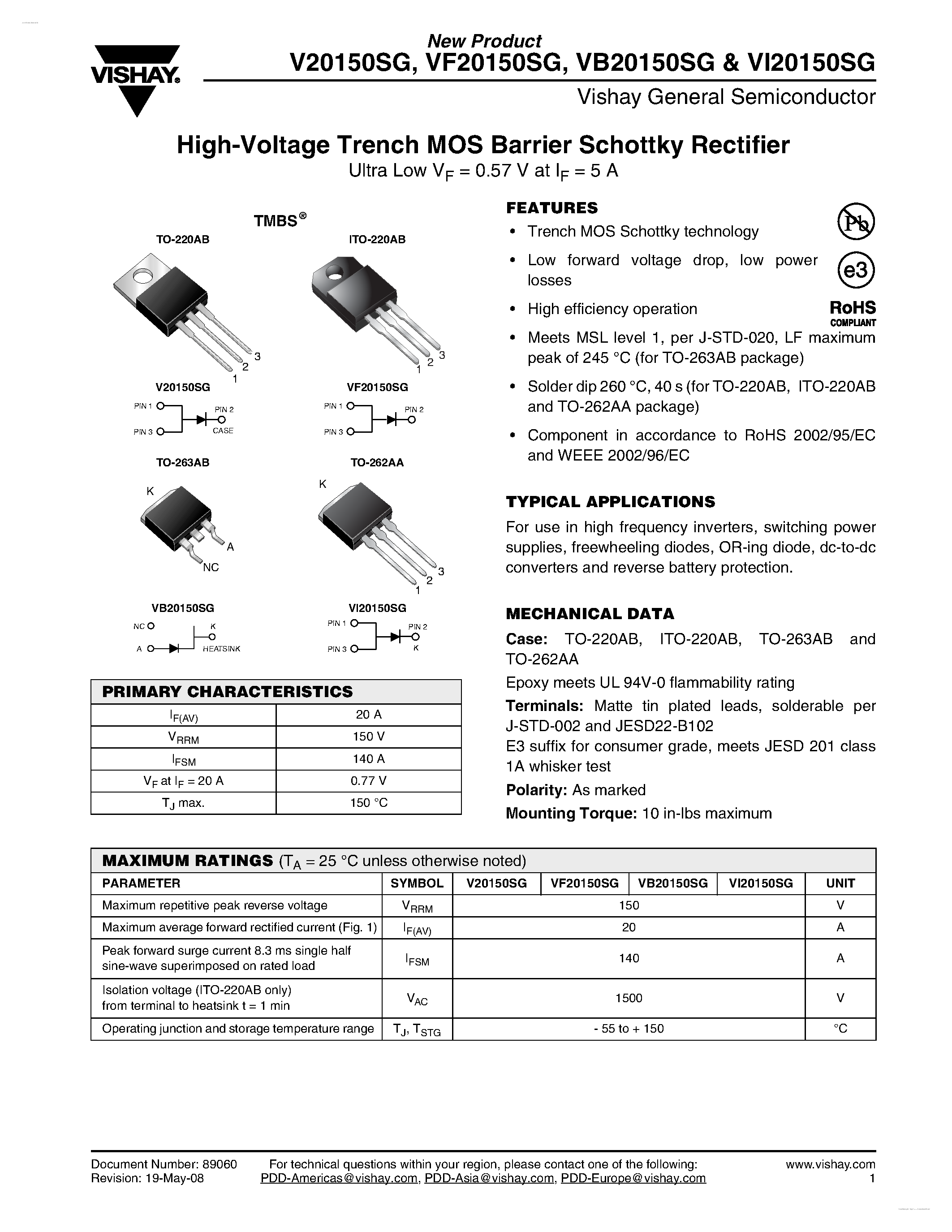 Datasheet VI20150SG - High-Voltage Trench MOS Barrier Schottky Rectifier page 1