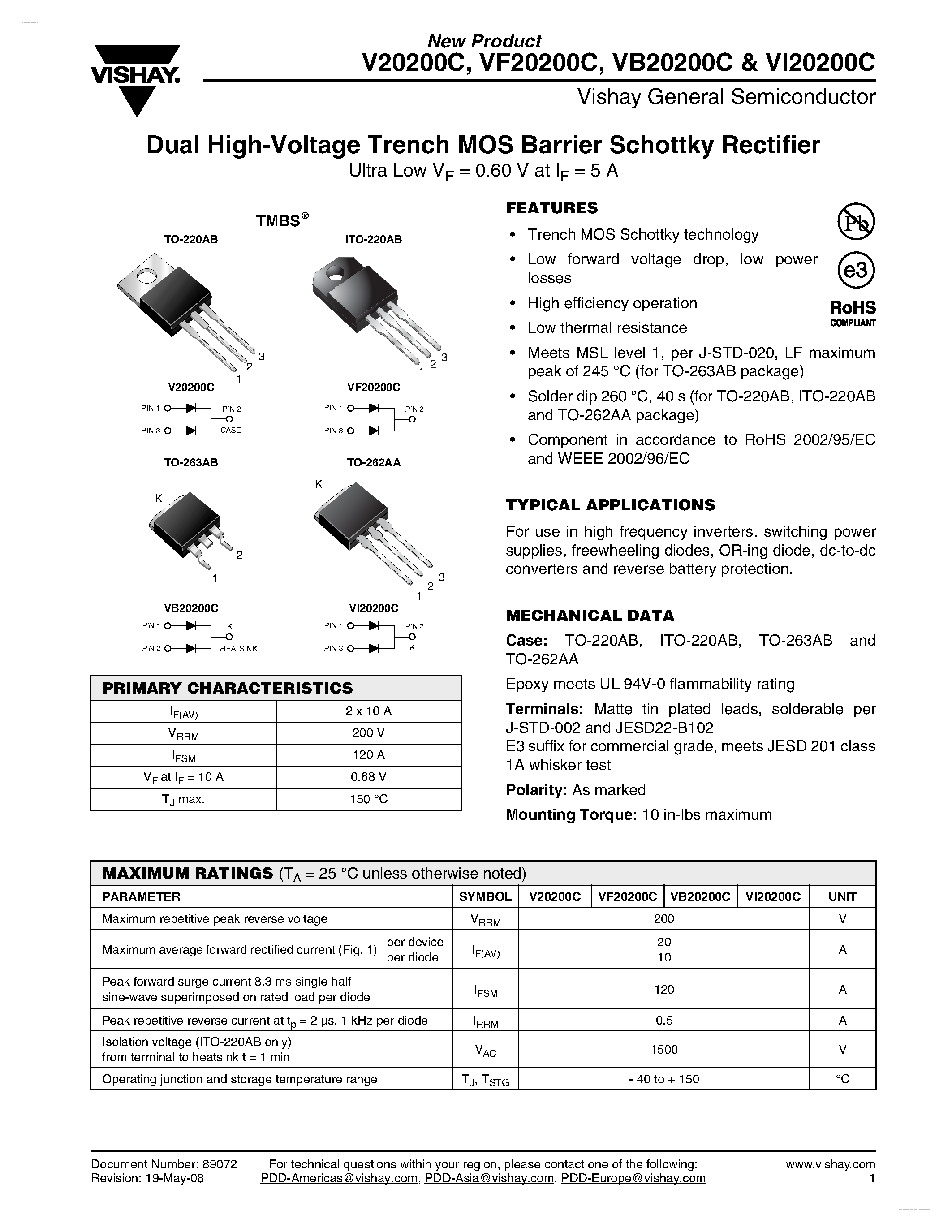 Datasheet VB20200C page 1 Datasheet VB20200C - Dual High-Voltage Trench MOS Barrier Schottky Rectifier page 1
