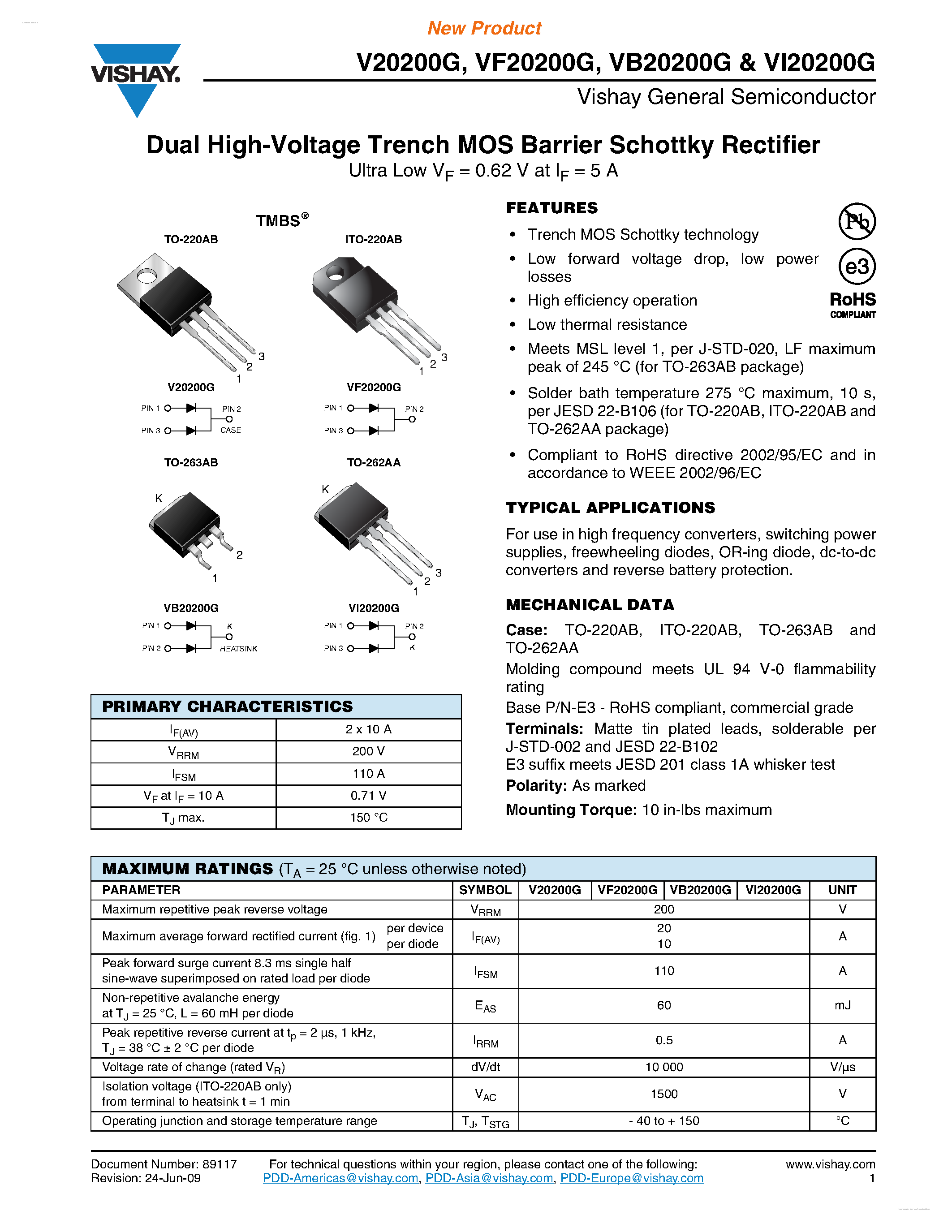 Datasheet VB20200G page 1 Datasheet VB20200G - Dual High-Voltage Trench MOS Barrier Schottky Rectifier page 1