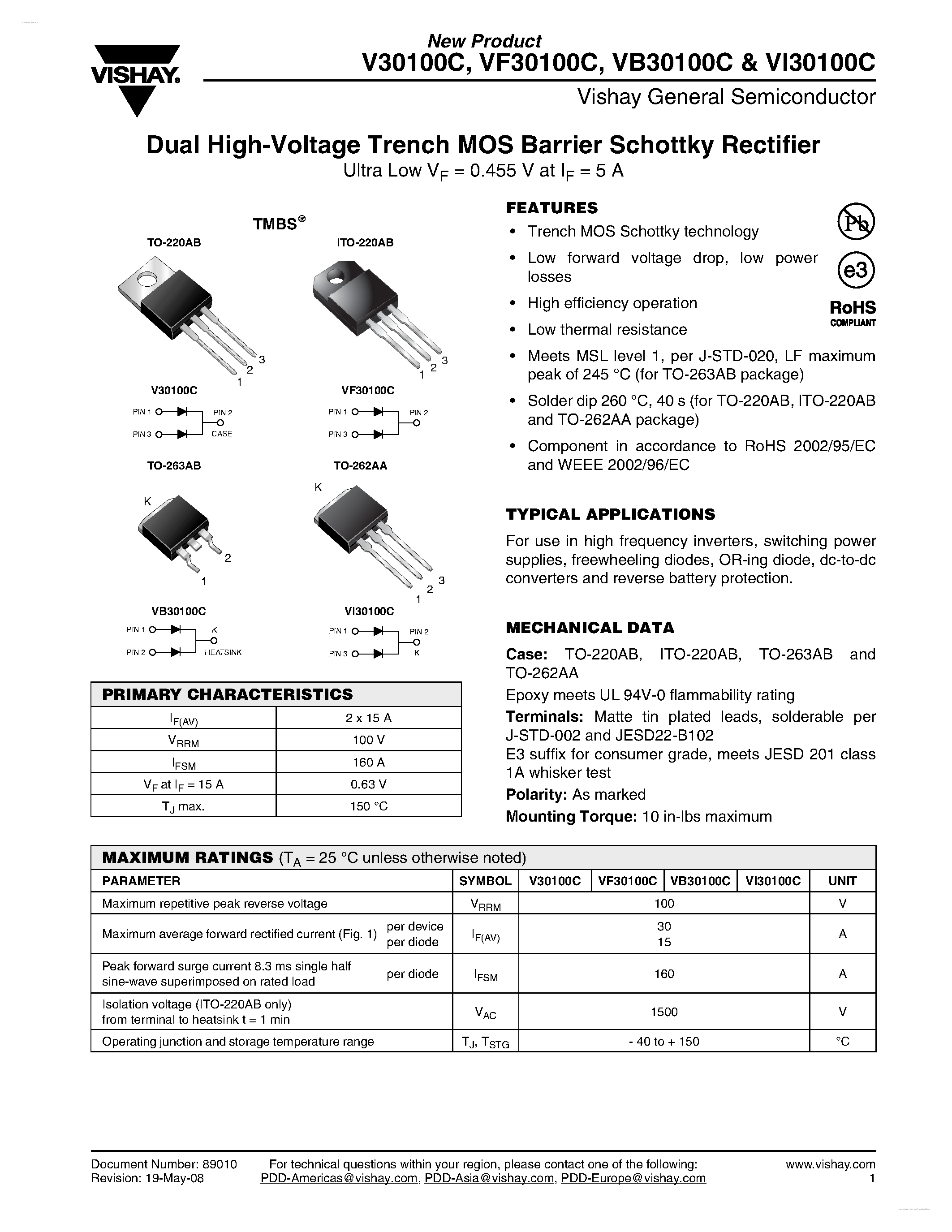 Datasheet VI30100C page 1 Datasheet VI30100C - Dual High-Voltage Trench MOS Barrier Schottky Rectifier page 1