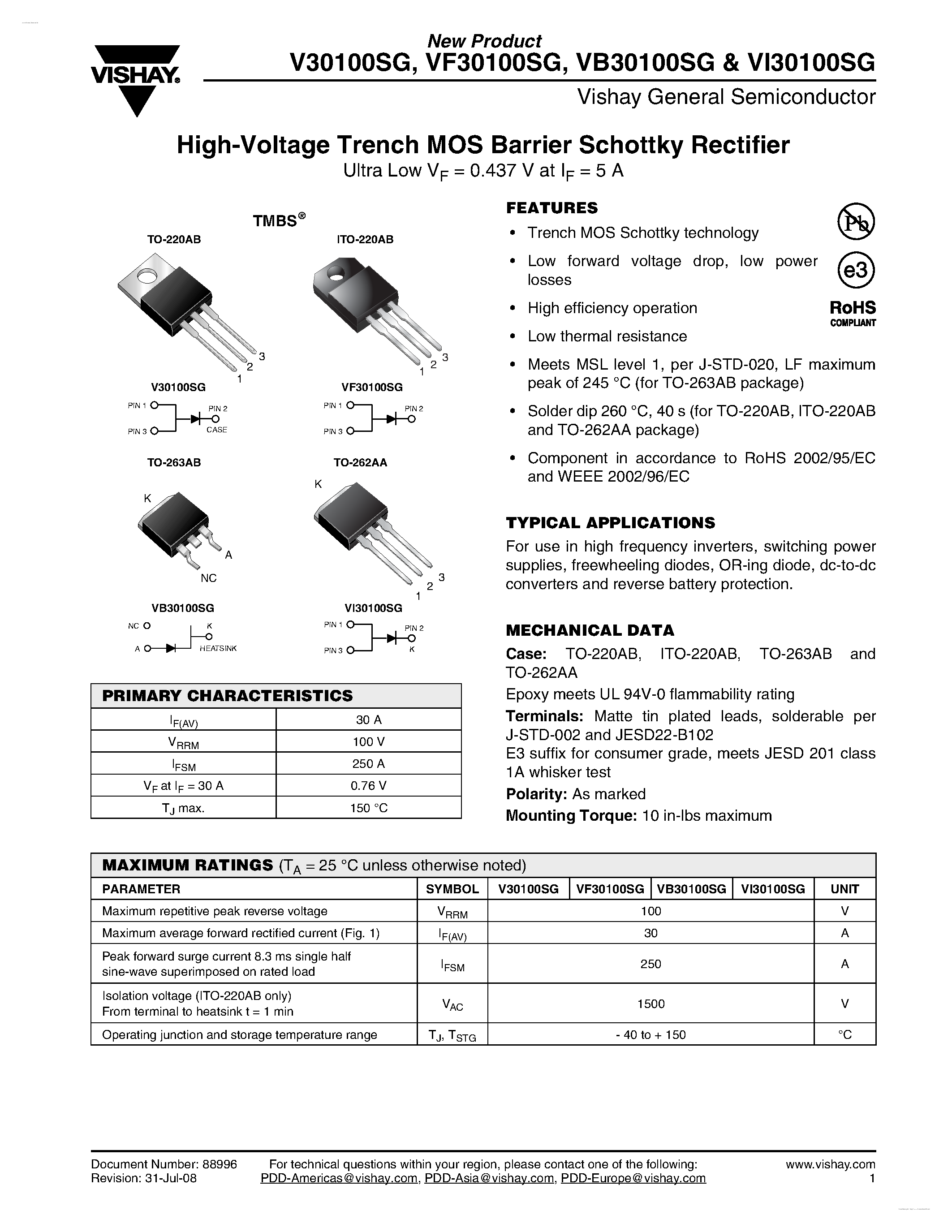 Datasheet VF30100SG page 1 Datasheet VF30100SG - High-Voltage Trench MOS Barrier Schottky Rectifier page 1