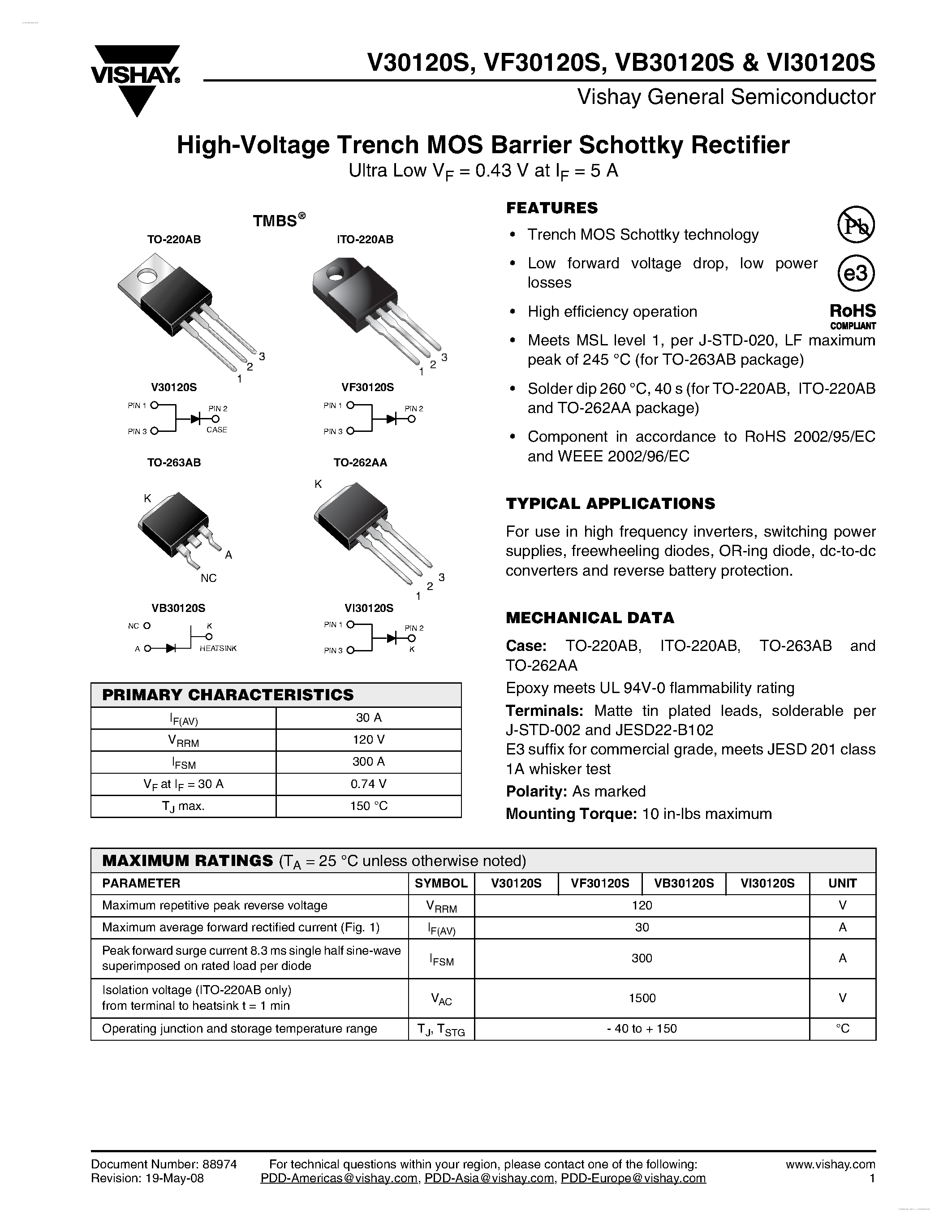 Datasheet VF30120S page 1 Datasheet VF30120S - High-Voltage Trench MOS Barrier Schottky Rectifier page 1