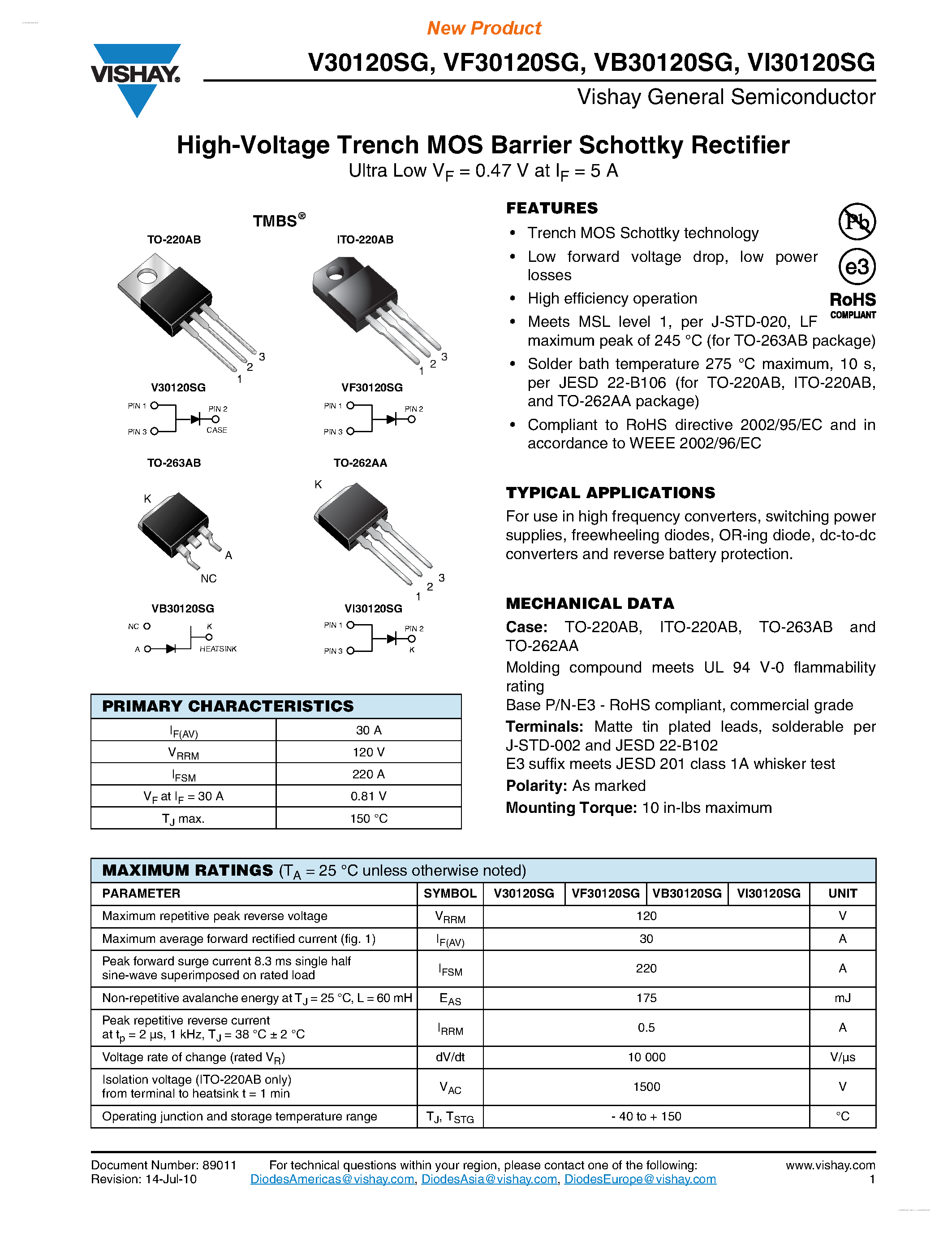 Datasheet VF30120SG page 1 Datasheet VF30120SG - High-Voltage Trench MOS Barrier Schottky Rectifier page 1