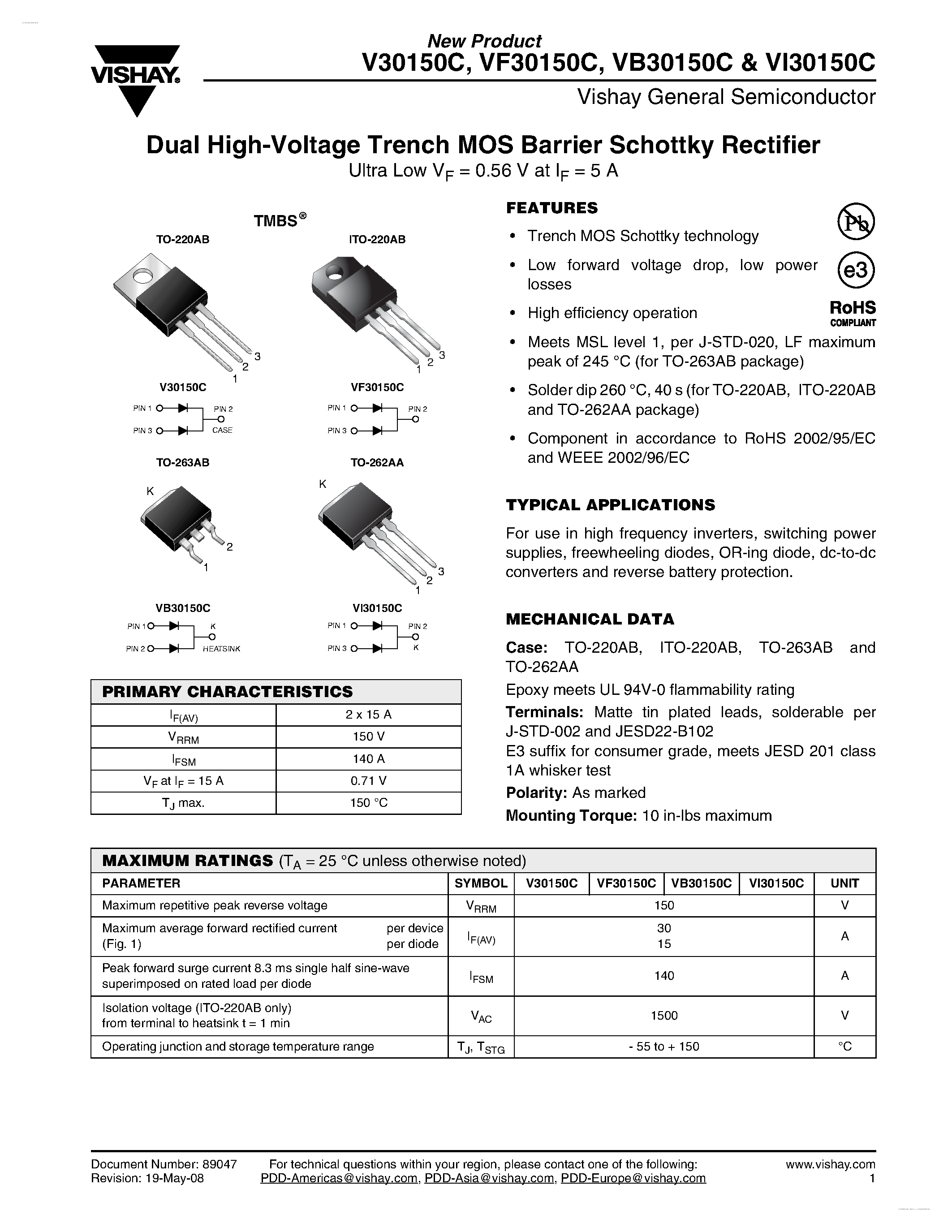 Datasheet VI30150C page 1 Datasheet VI30150C - Dual High-Voltage Trench MOS Barrier Schottky Rectifier page 1