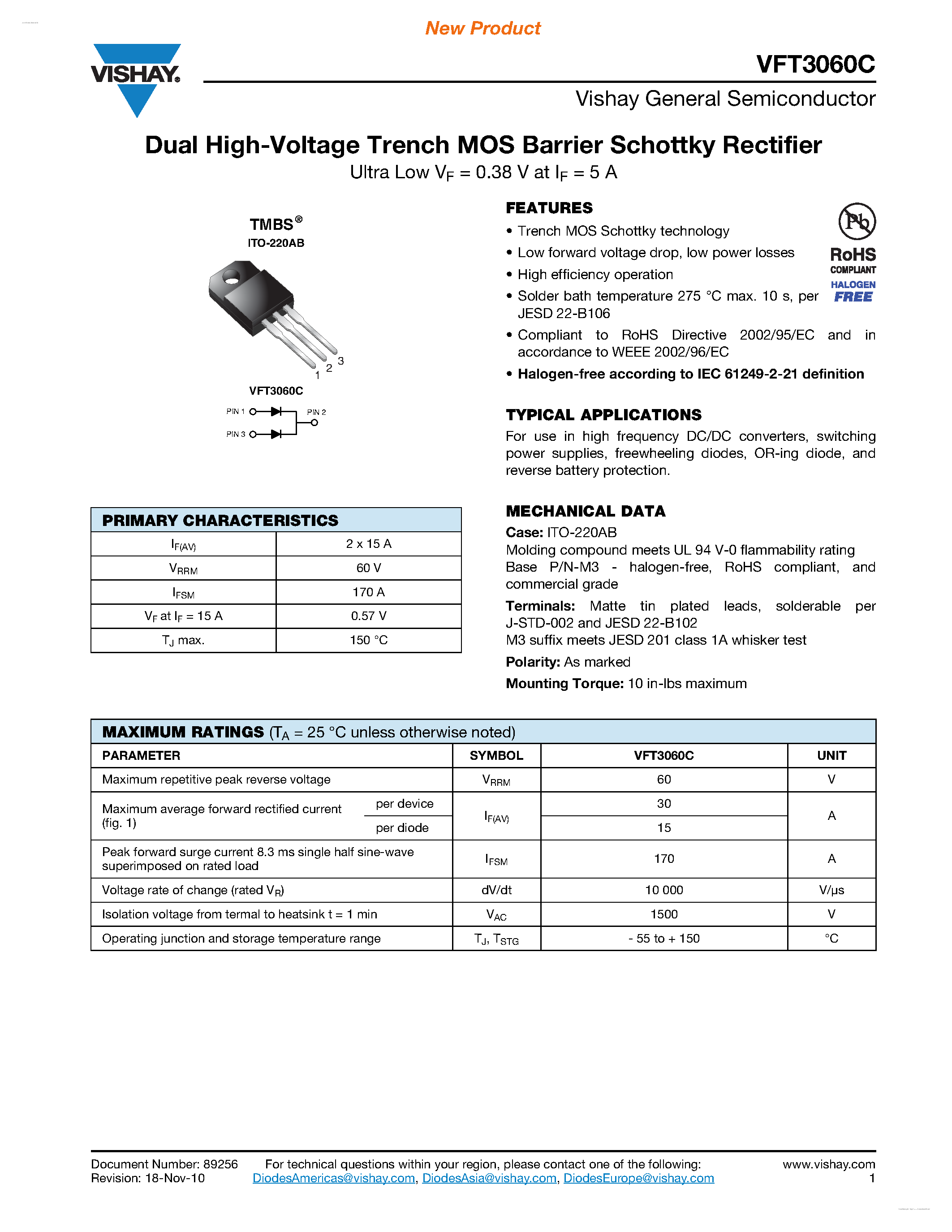 Datasheet VFT3060C page 1 Datasheet VFT3060C - Dual High-Voltage Trench MOS Barrier Schottky Rectifier page 1