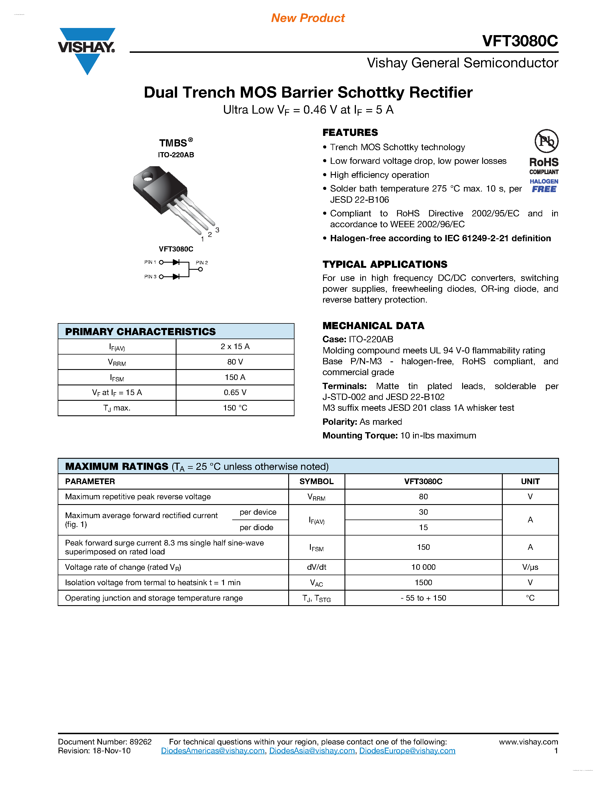 Datasheet VFT3080C page 1 Datasheet VFT3080C - Dual Trench MOS Barrier Schottky Rectifier page 1
