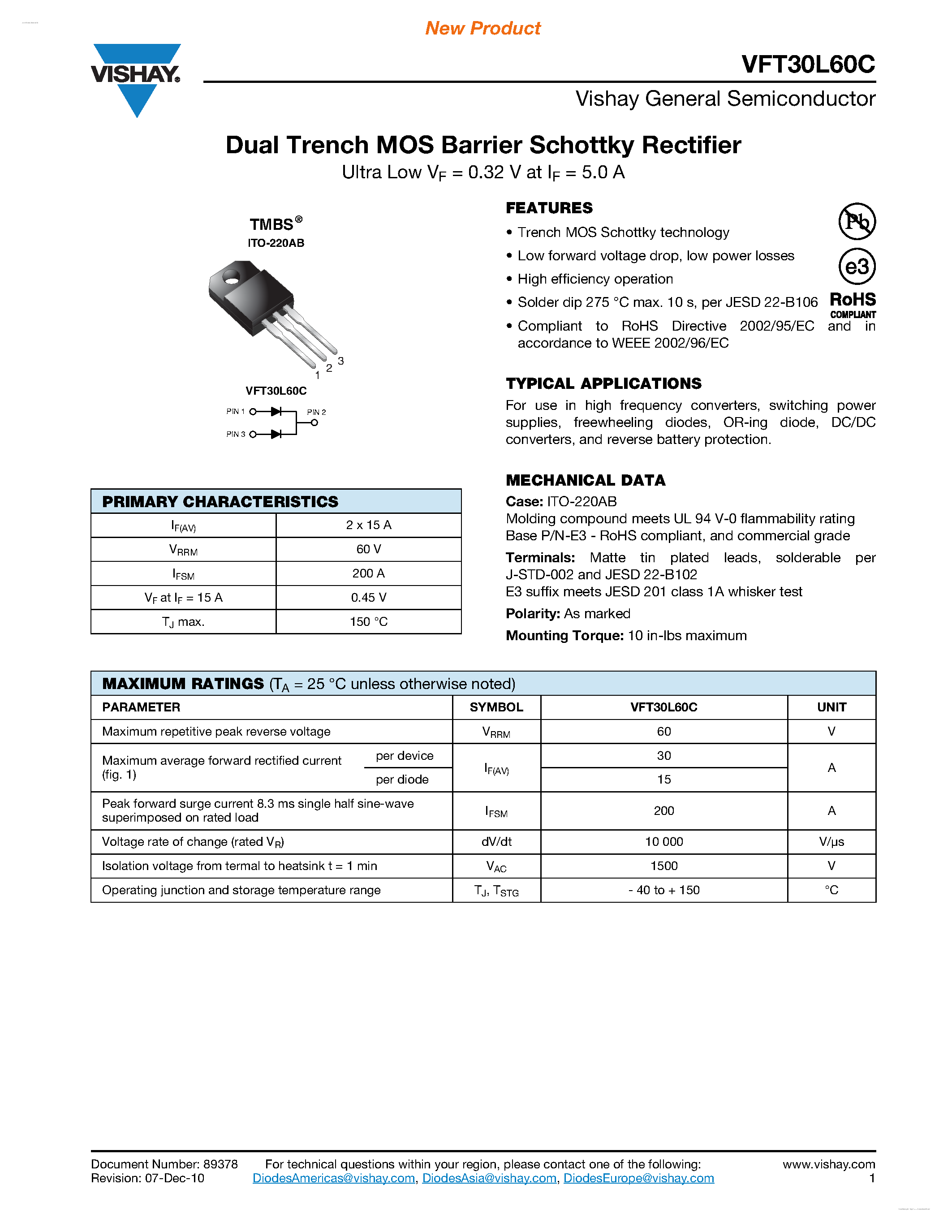 Datasheet VFT30L60C - Dual Trench MOS Barrier Schottky Rectifier page 1