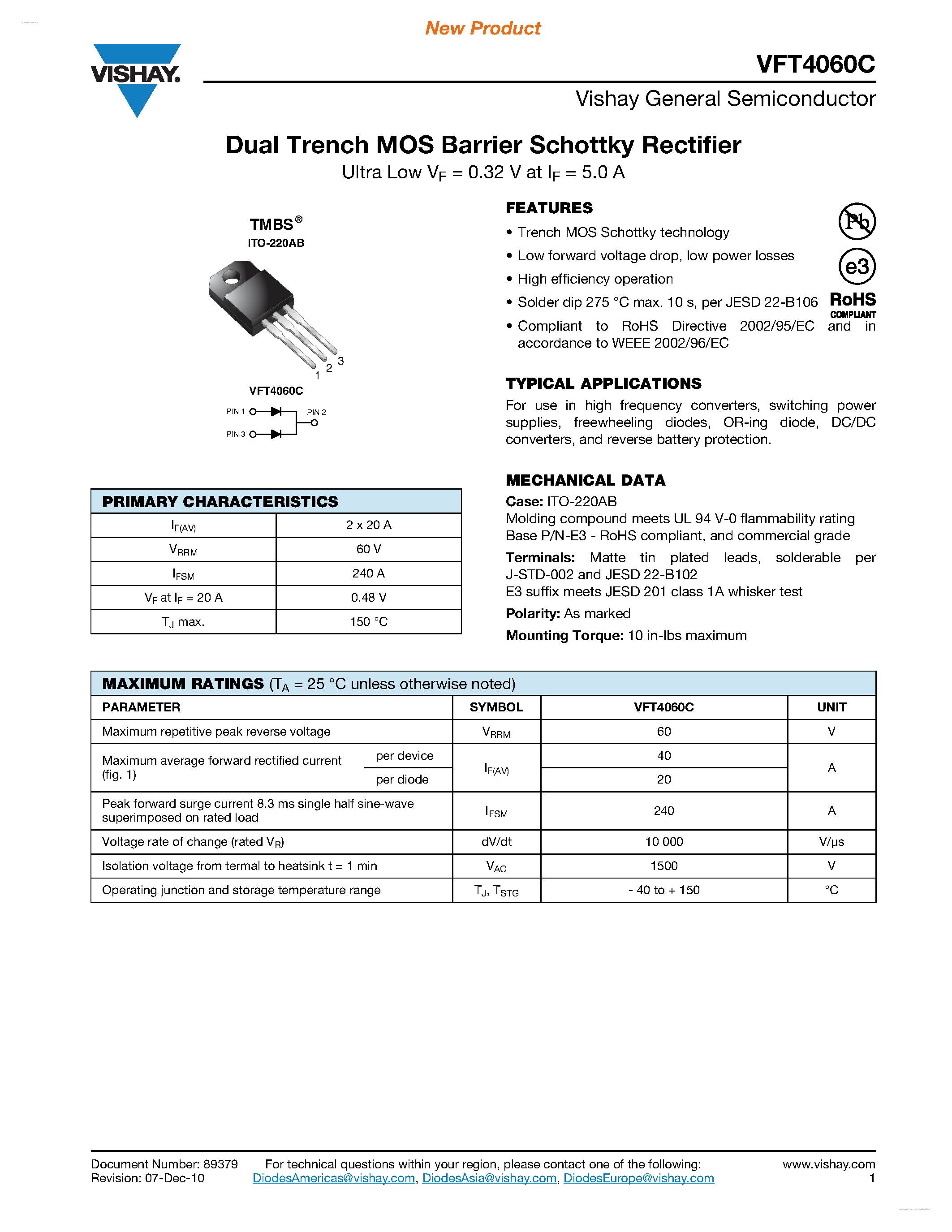 Datasheet VFT4060C page 1 Datasheet VFT4060C - Dual Trench MOS Barrier Schottky Rectifier page 1