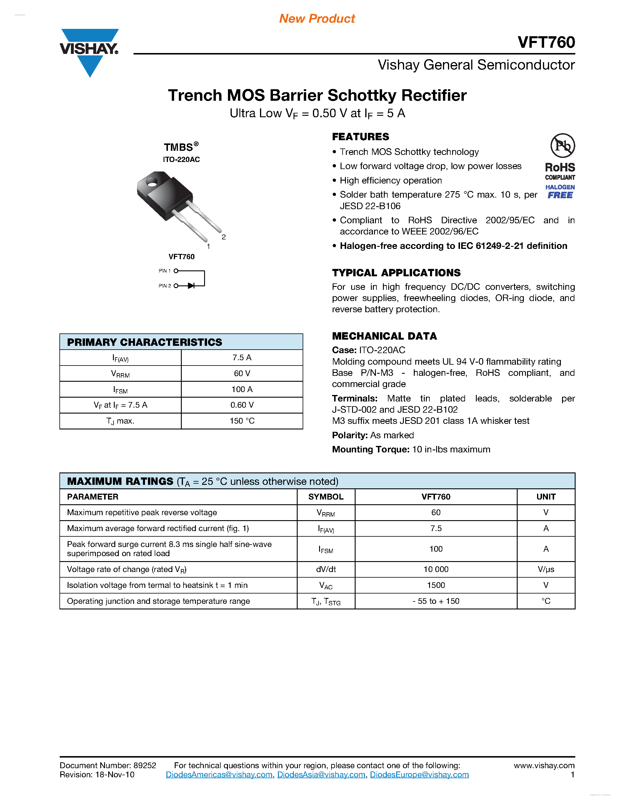 Datasheet VFT760 page 1 Datasheet VFT760 - Trench MOS Barrier Schottky Rectifier page 1