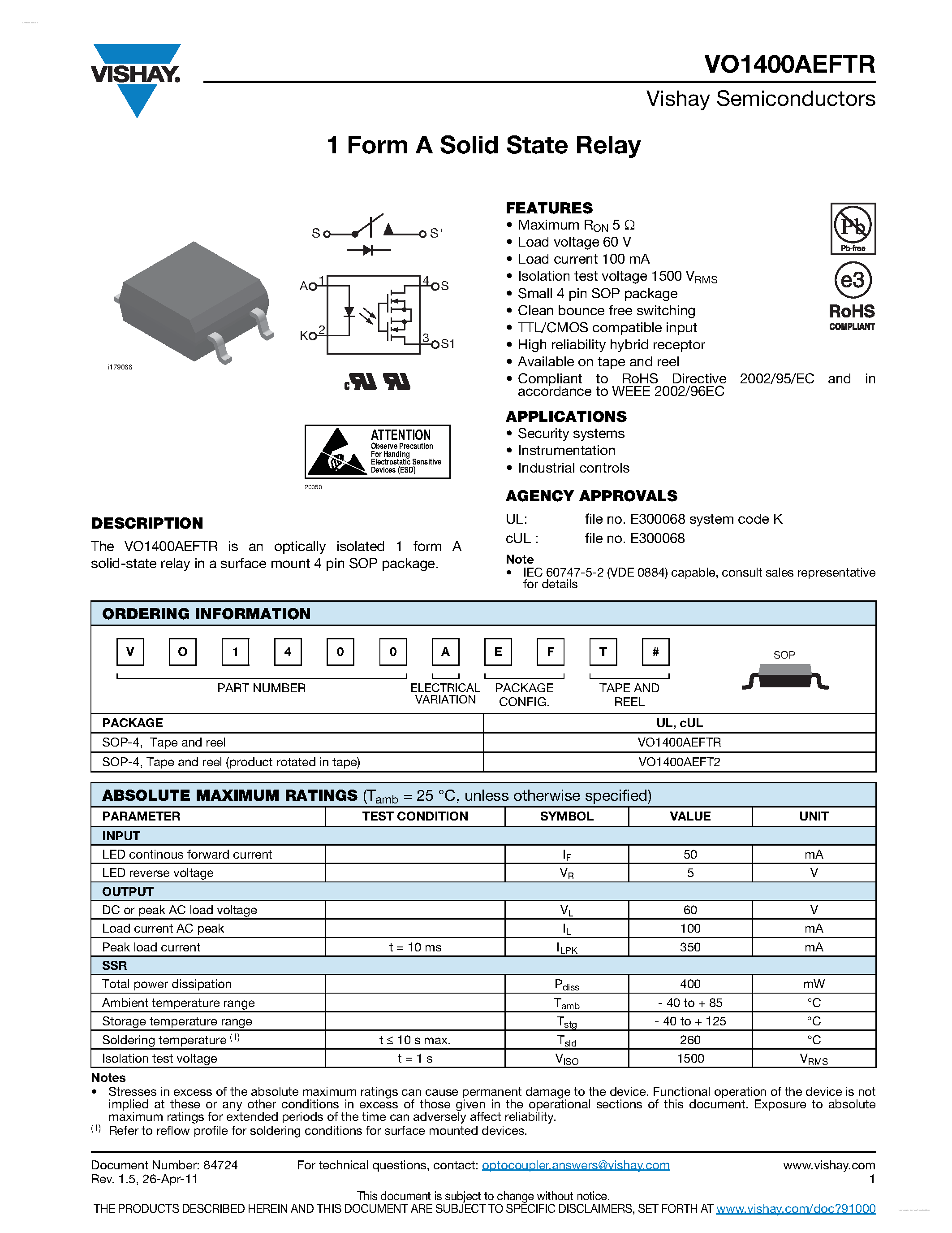 Datasheet VO1400AEFTR page 1 Datasheet VO1400AEFTR - 1 Form A Solid State Relay page 1