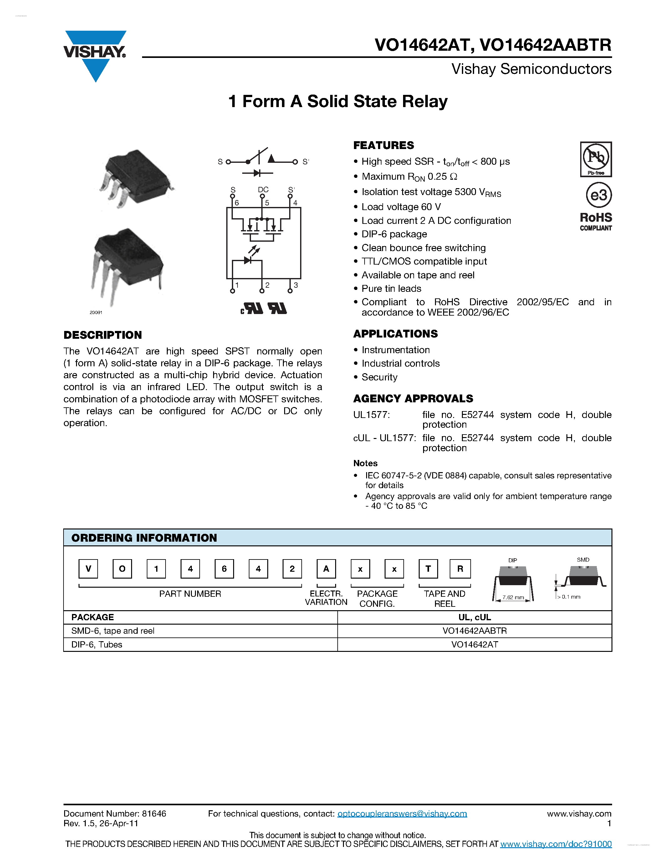 Datasheet VO14642AABTR page 1 Datasheet VO14642AABTR - 1 Form A Solid State Relay page 1